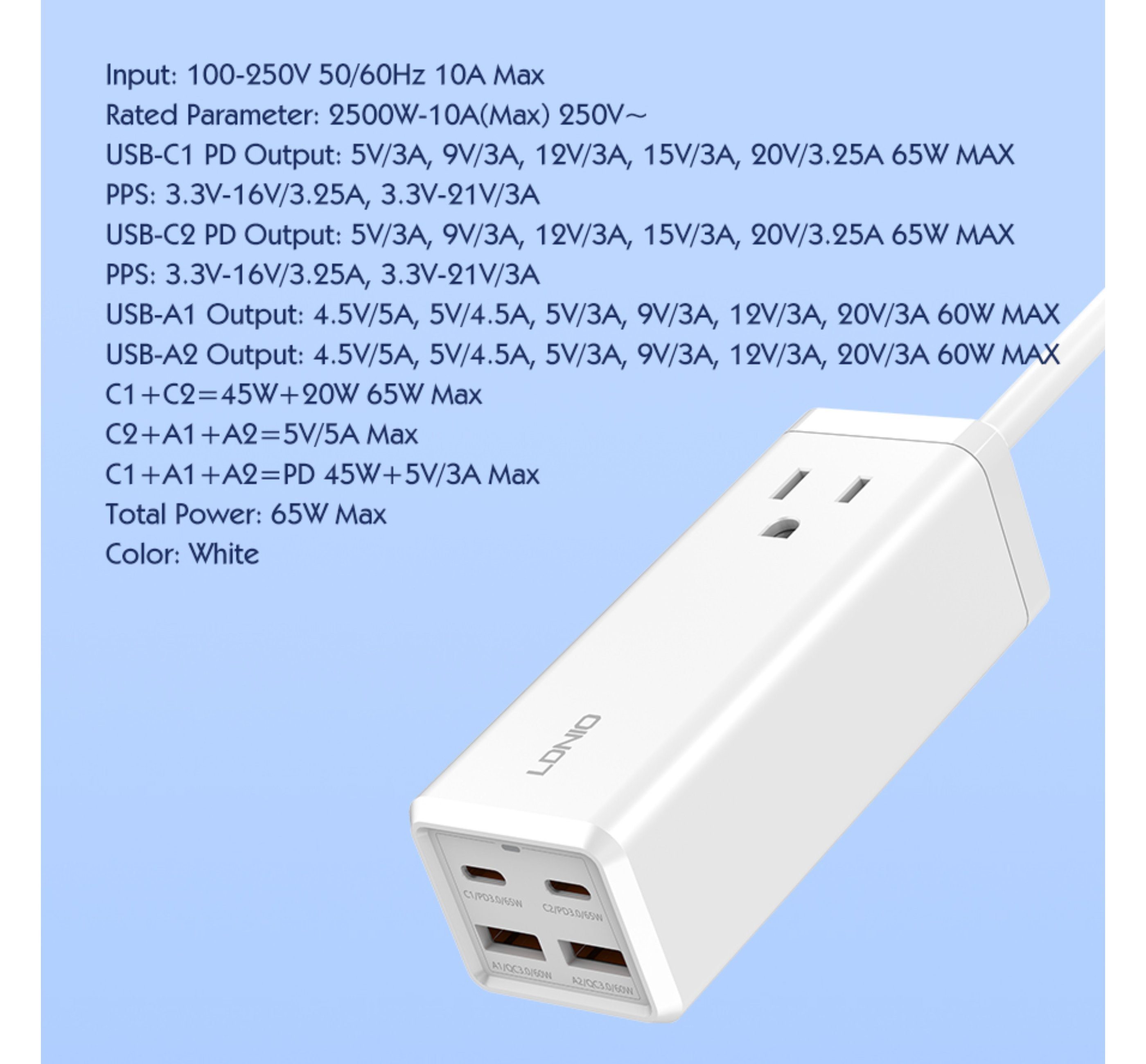 LDNIO 2500-W-Desktop-Steckdosenleiste, 2 Laden USB-A, 65 2 EU-/Universalsteckdose, 2-fach Watt USB-C 65-W (USB-Anschluss), mit Hochleistungsunterstützung, Steckdosenleiste und
