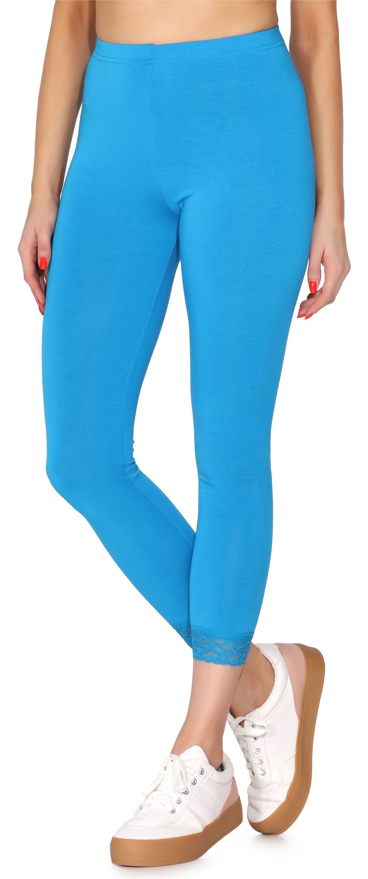 Spitze (1-tlg) Blau mit Leggings Leggings Damen MS10-342 Bund Merry elastischer 7/8 Style