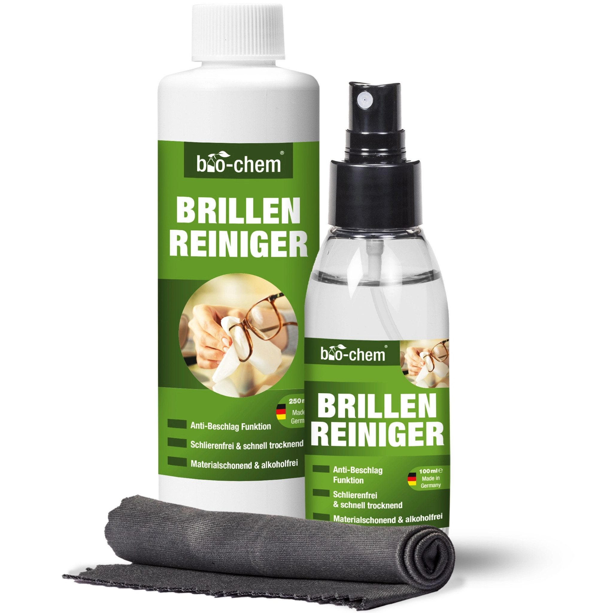 Brillenreiniger Set 100 ml + 250 ml – Anti-Beschlag & Tuch Glasreiniger