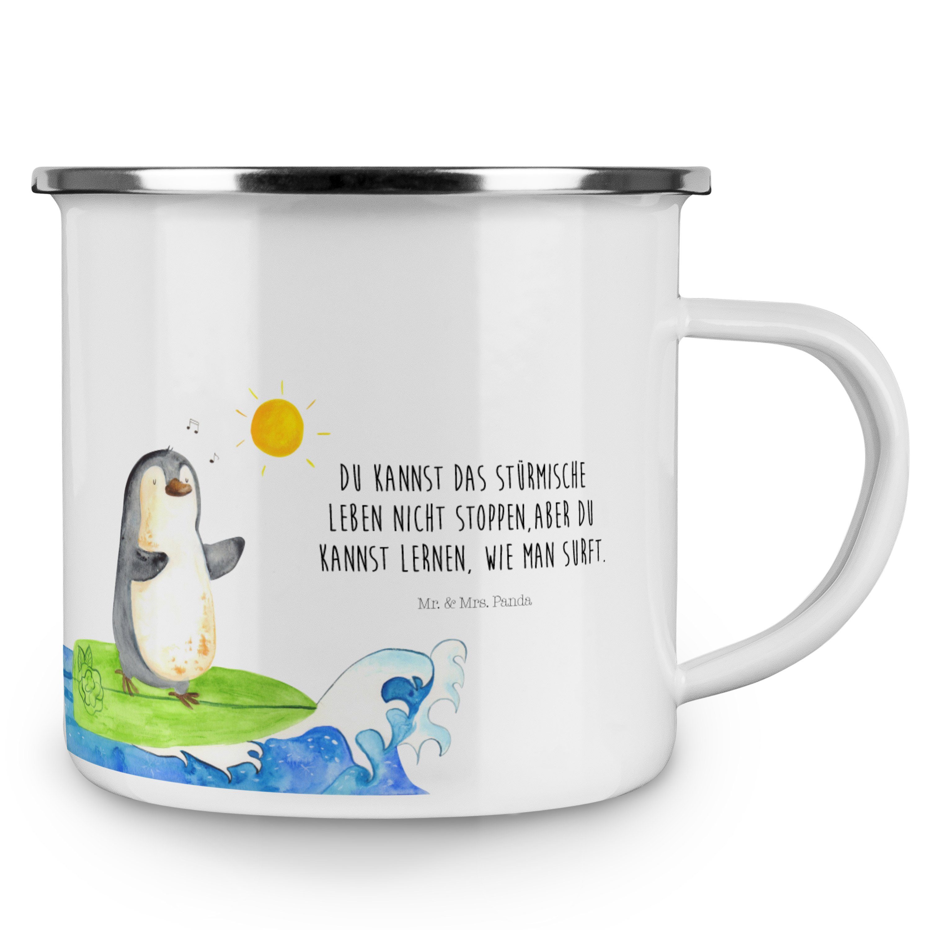 Mrs. für & Geschenk, - Metalltasse Weiß Becher Panda - Emaille Wellen Mr. Pinguin Surfer reiten, Camp,