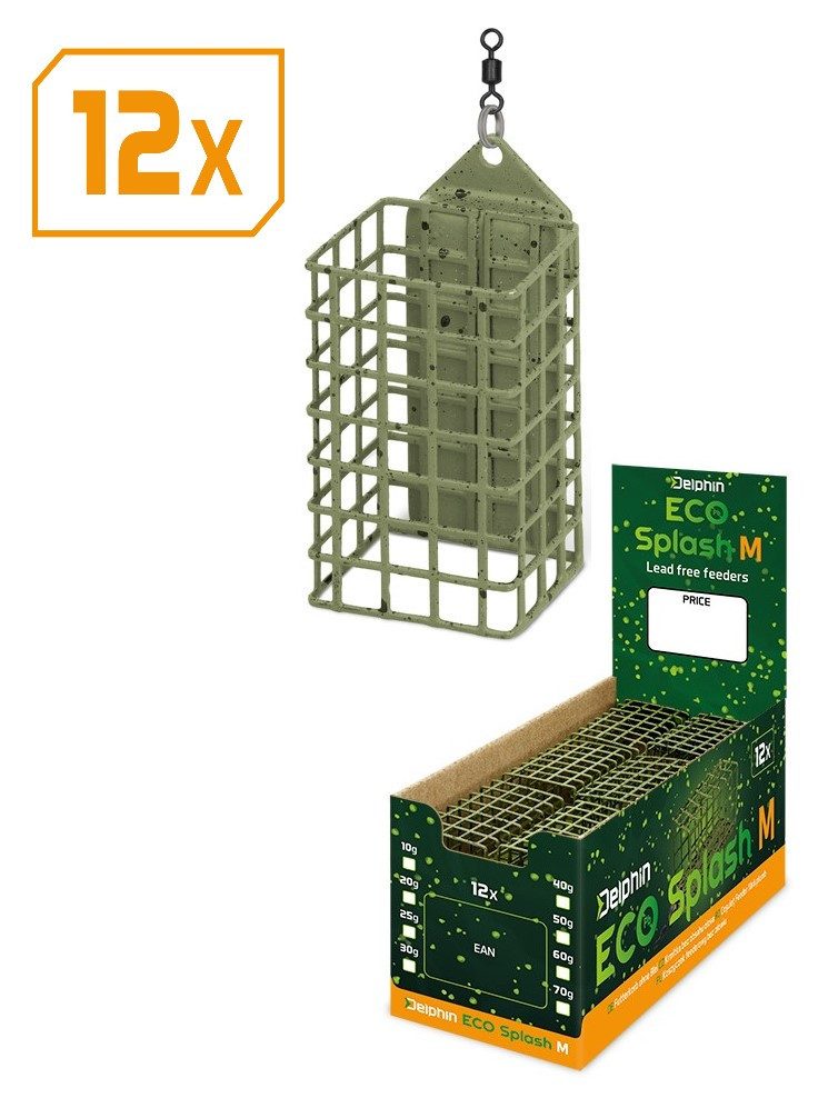 Delphin.sk Feederkorb 12 Stück SET ECO Splash Futterkorb Bleifrei - ver. Größen 10g bis 70g, (12-St. 12er SPAR SET), Blei- und Stahlgewicht ersetzt, damit die Umwelt nicht belastet wird