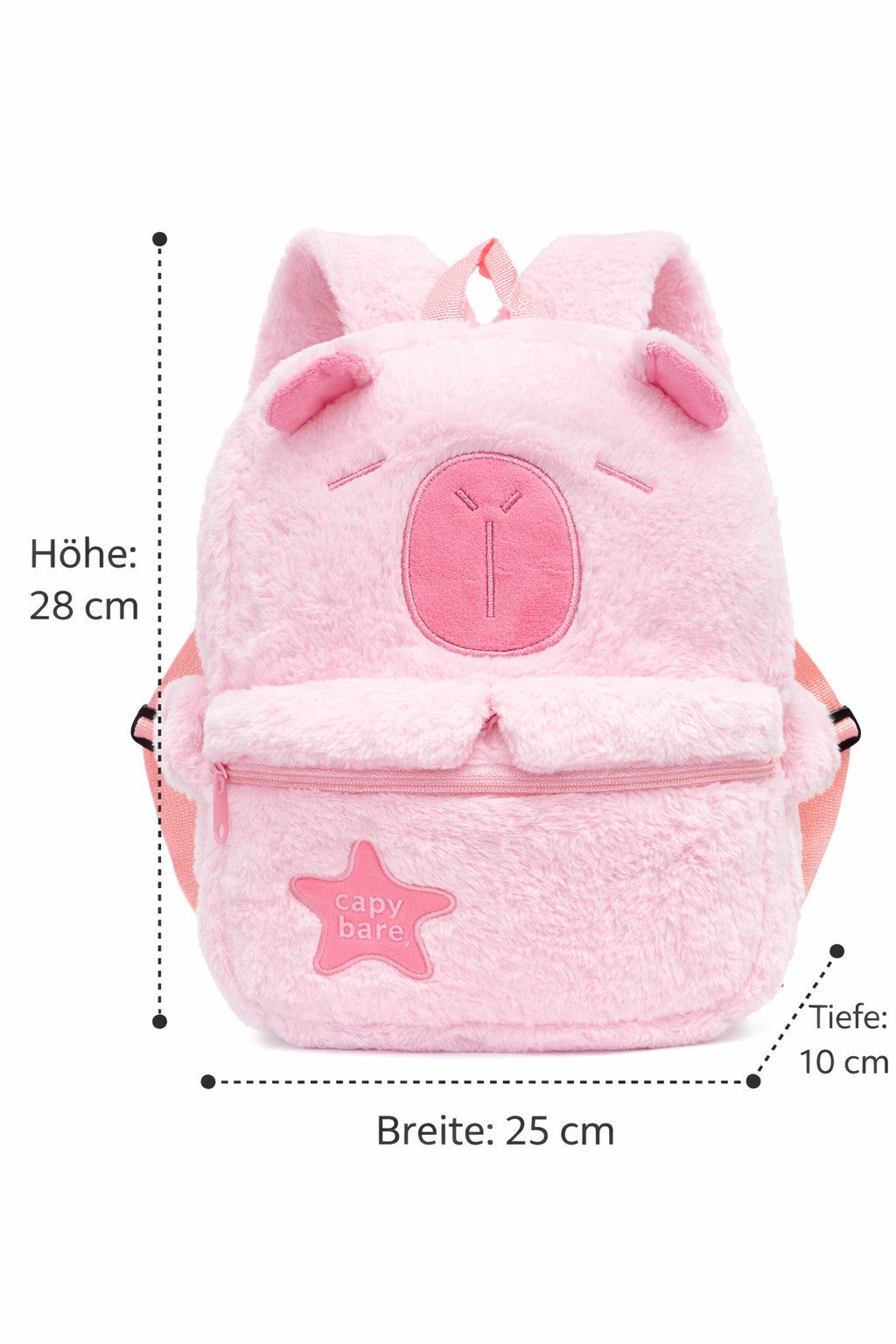 soma Schulrucksack Plüsch Kinder Rucksack Capybara Rosa mit Frontfach Reißverschluss (Set, 1-tlg., Geschenk-Set), Flauschiger Kinder Rucksack mit Capybara Motiv und zwei Fächern