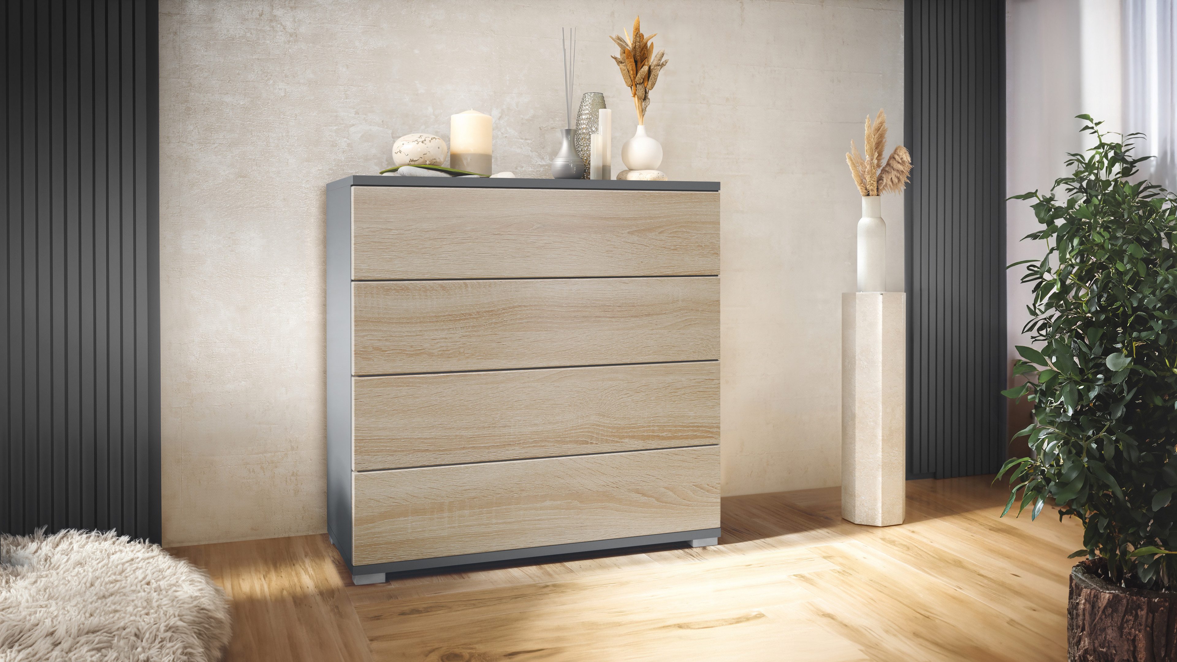 Vladon Kommode Pavos V3 (Sideboard, mit 4 Schubladen), Anthrazit matt/Eiche sägerau (76 x 76 x 35 cm)