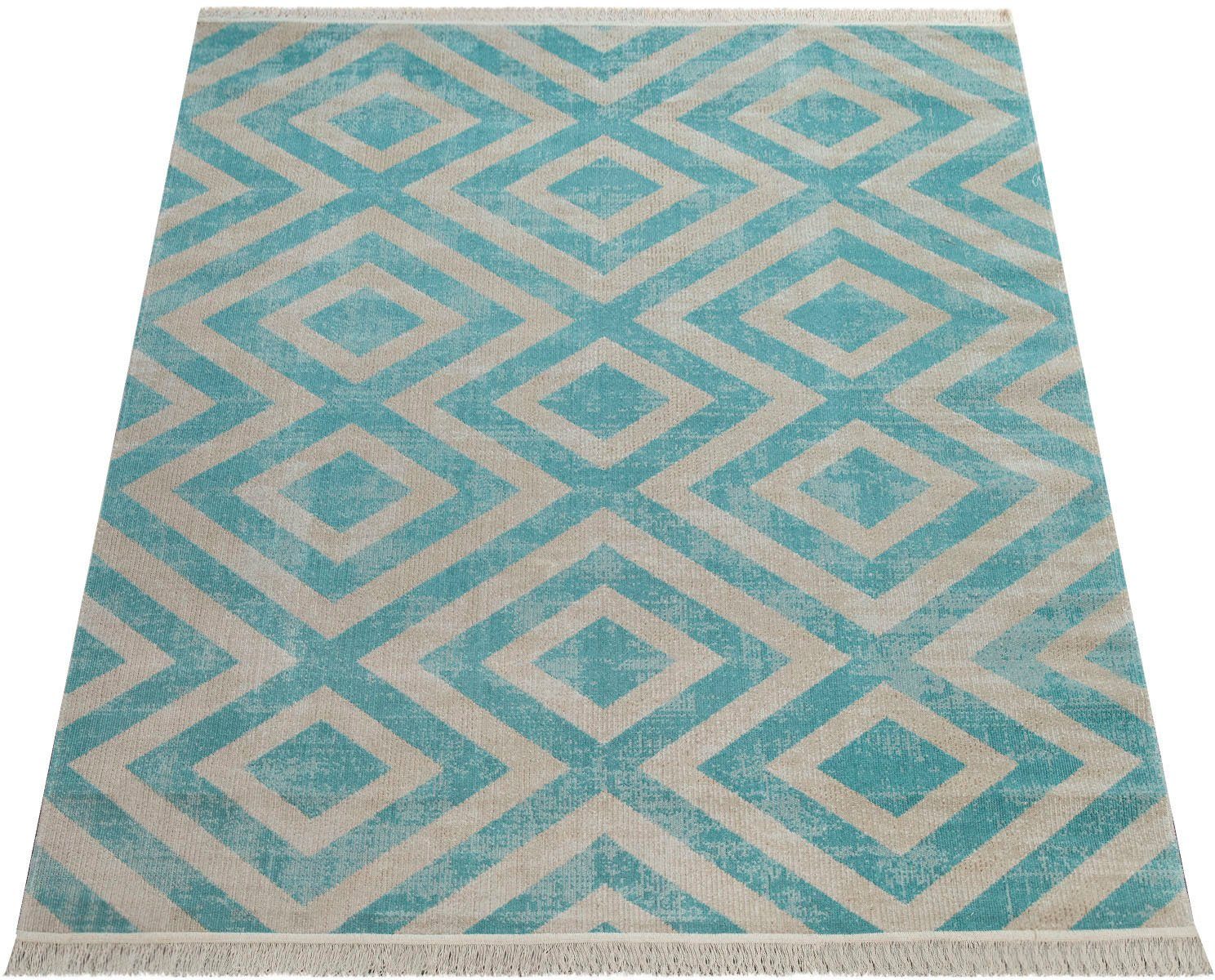 Teppich Poco geeignet Design, mit mm, Outdoor Rauten rechteckig, In- 821, Home, blau/weiß 6 und Kurzflor, Paco Höhe: Fransen