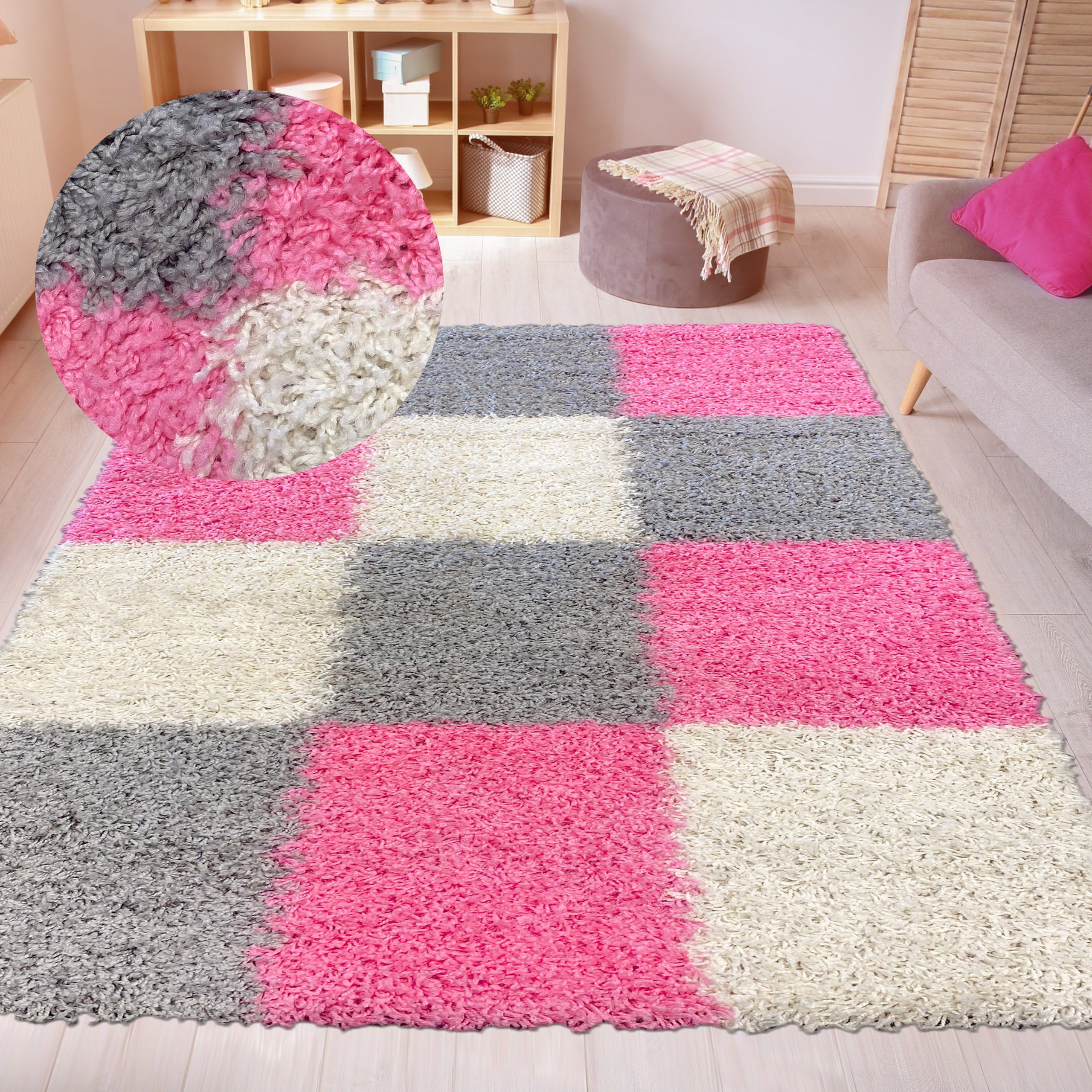 Carpetia Teppich Shaggy Teppich Hochflor Wohnzimmer Karomuster rosa grau cr günstig online kaufen