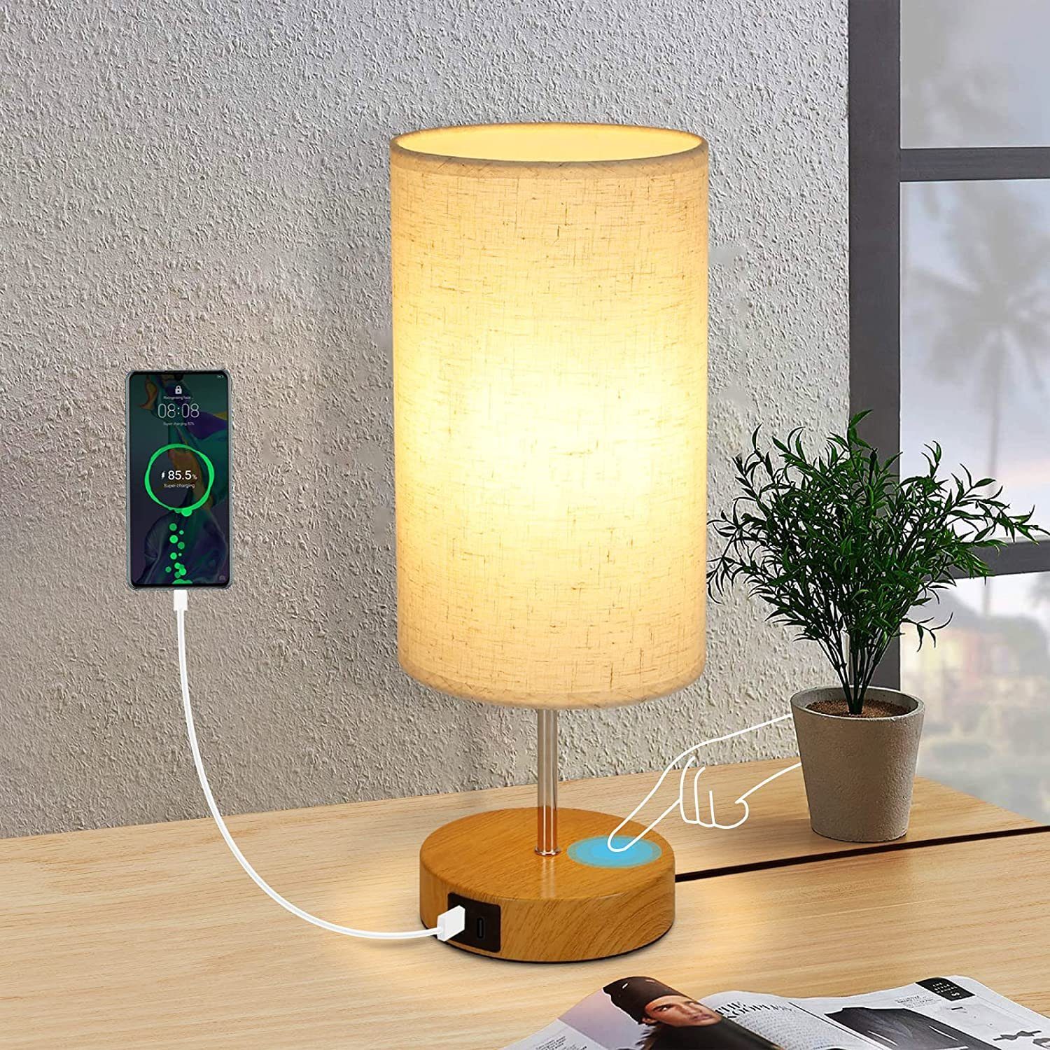 ZMH Tischleuchte Touch-Dimmbar mit Holzfarbe Stoff 1er LED 3000K, holzfarben Mit Set, und Brine, Lampenschirm, USB-Ladefunktion