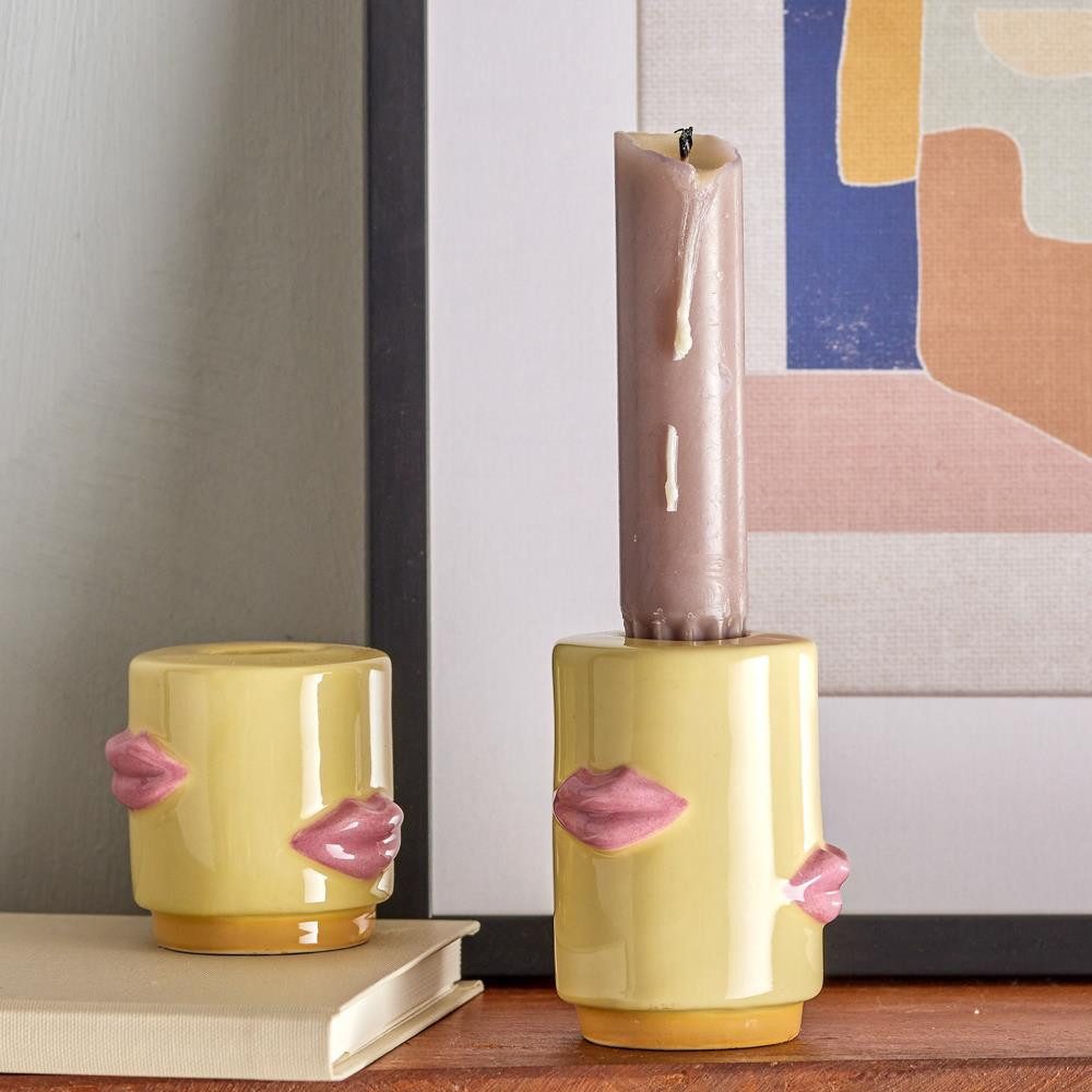 Bloomingville Kerzenhalter Sassy, Gelb, Steingut, 2er Set (2 St), Keramikkerzenhalter, Stabkerzenhalter, Lippenmotiv, Geschenkidee