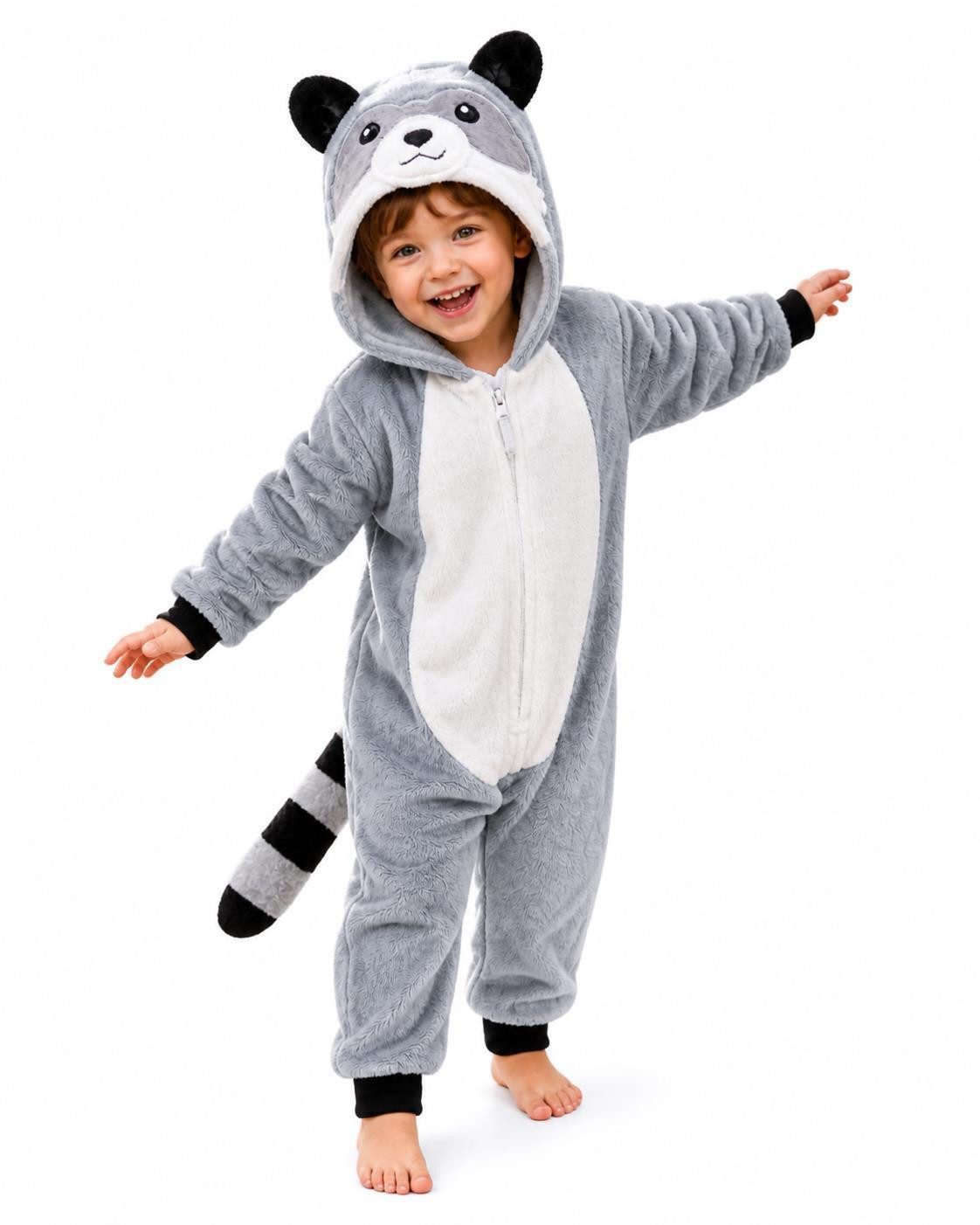 Corimori Jumpsuit Flauschiges Waschbär-Kostüm für Kinder, Karneval Fasching Kostüm (2-tlg) Jumpsuit, Pyjama, Fasching, Kigurumi, Tierkostüme, Waschbär "Lina"