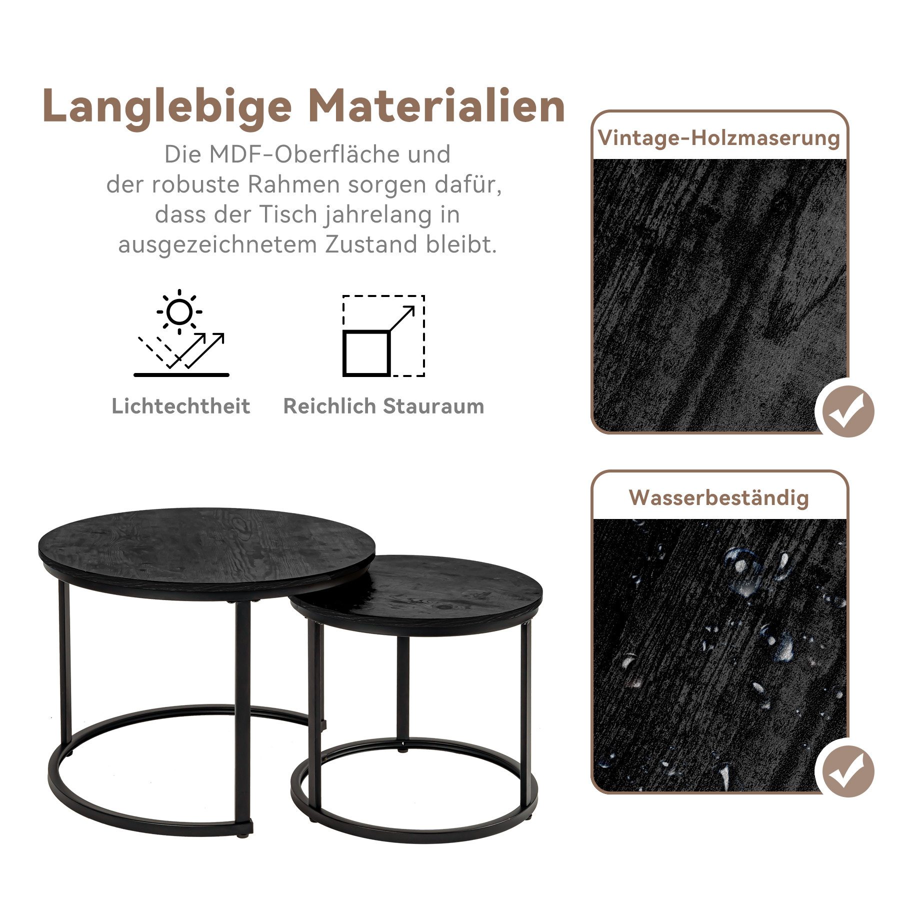 HawthyHome Couchtisch 2er-Set runde Beistelltische aus Holz & Metall (2-St), Moderne Kaffeetische für Wohnzimmer Schlafzimmer – Bild 5 von 5