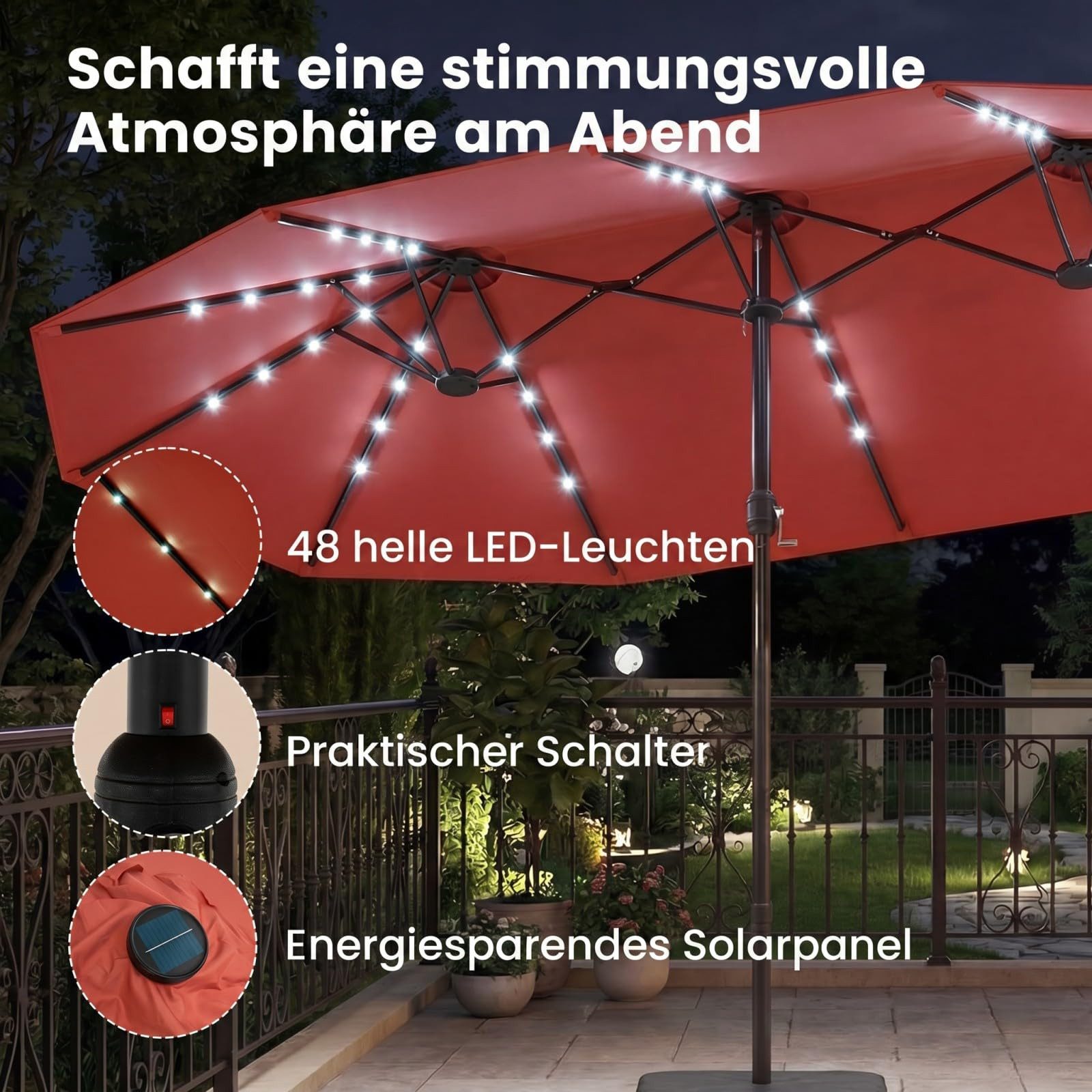 COSTWAY Sonnenschirm, 450 x 260 cm, LED-Solar-Beleuchtung, UPF 50+, mit Ständer