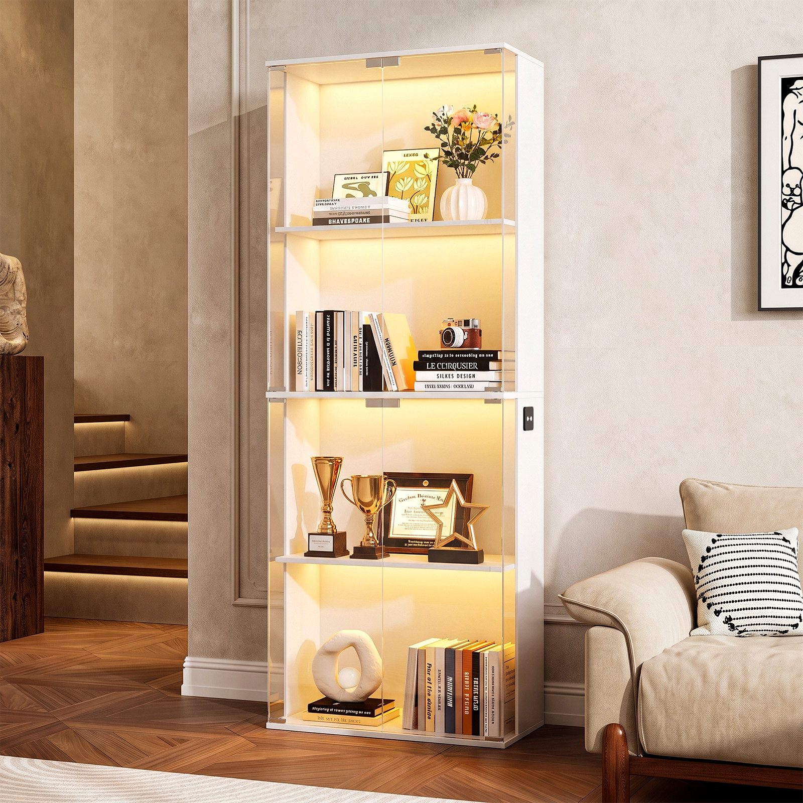 SVEYLXA Vitrine Moderne Vitrine mit LED Beleuchtung, 160 cm Hochschrank mit Glastüren (1-St) 4 Ebenen, Schwarz/Weiß