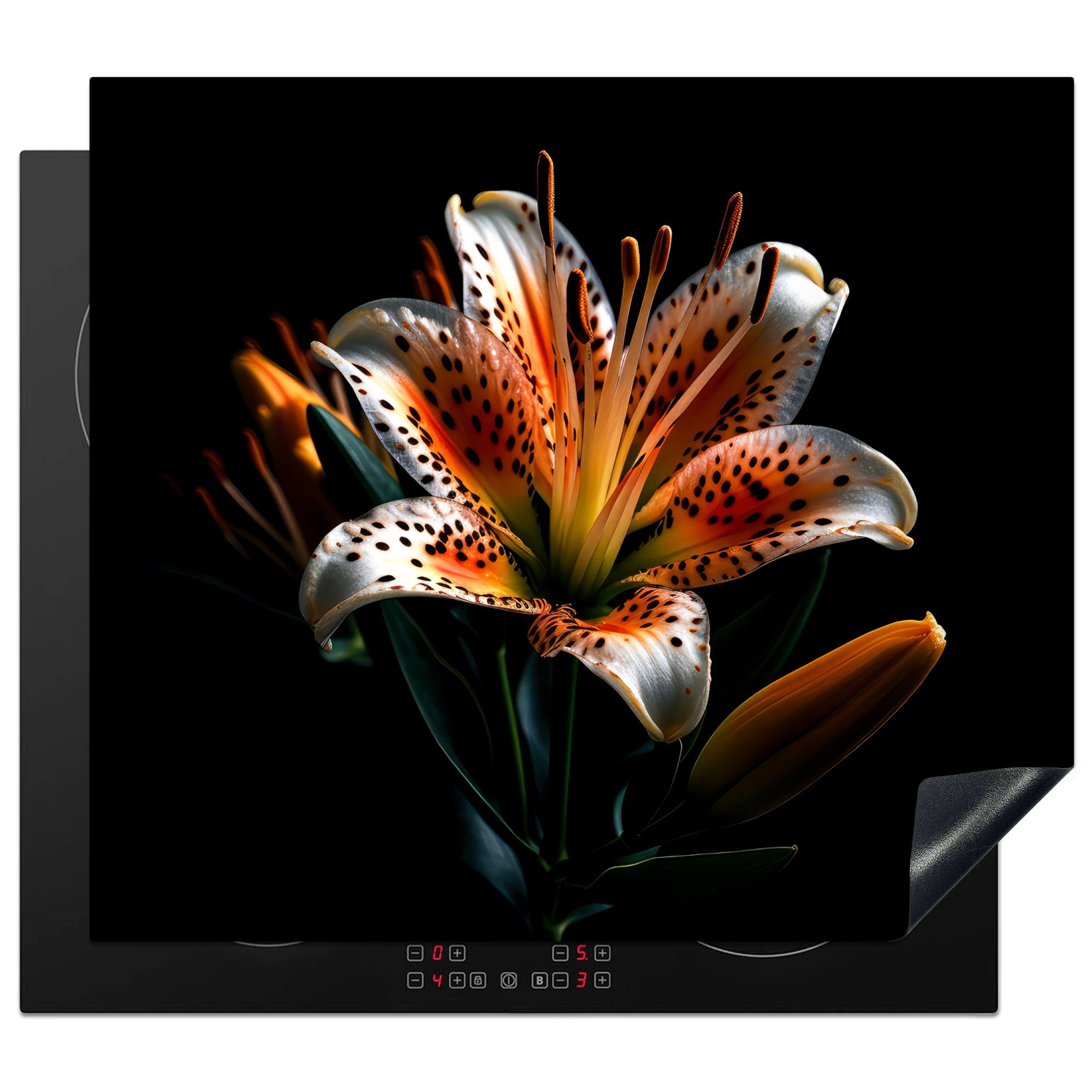MuchoWow Herdblende-/Abdeckplatte Blumen - Lilie - Orange - Porträt - Schwarz, Vinyl, (1 tlg), 60x52 cm, Mobile Arbeitsfläche nutzbar, Ceranfeldabdeckung | Herdabdeckplatten