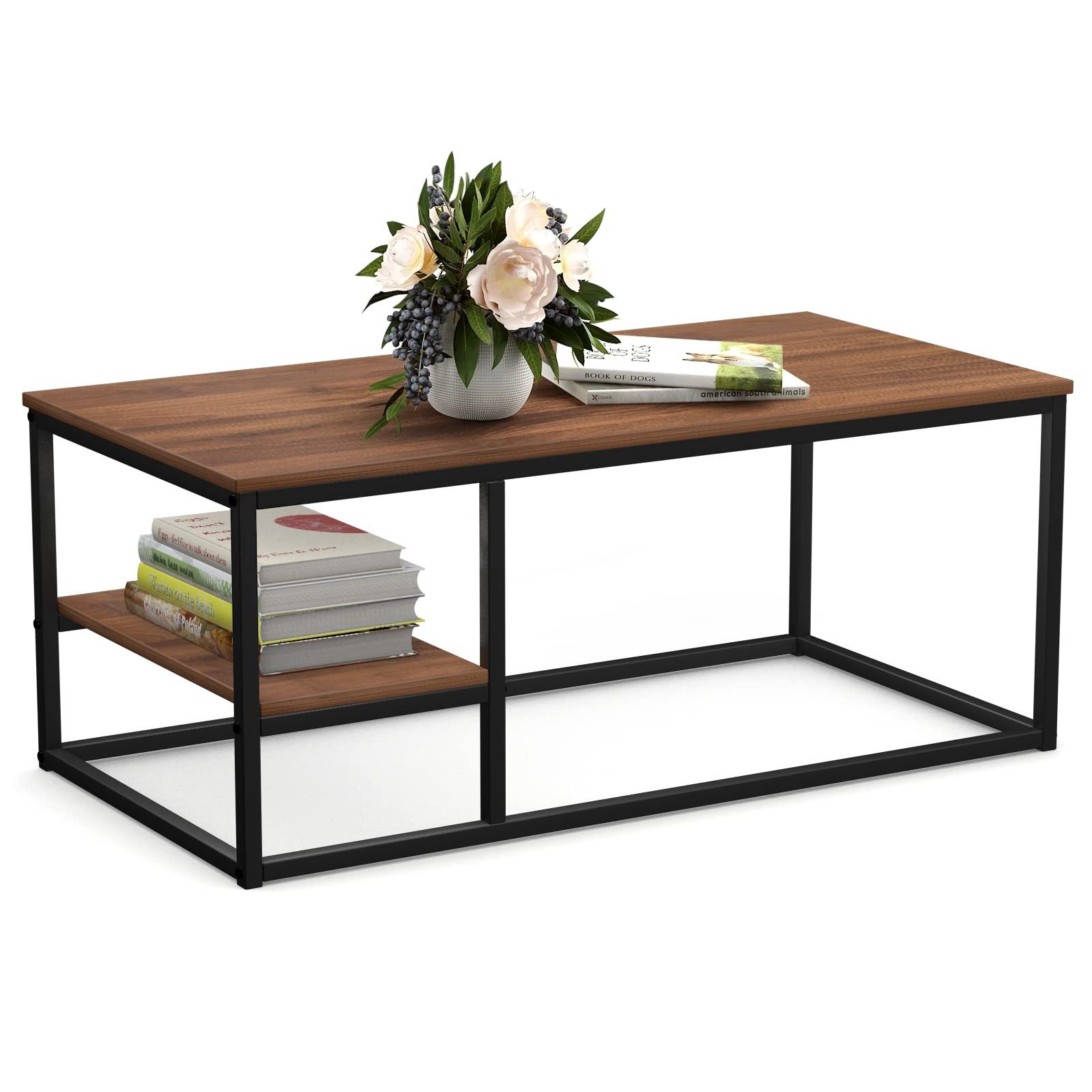 VOWNER Couchtisch Wohnzimmer Tisch, Stahlrahmen (1er-Set), Walnuss Farbe