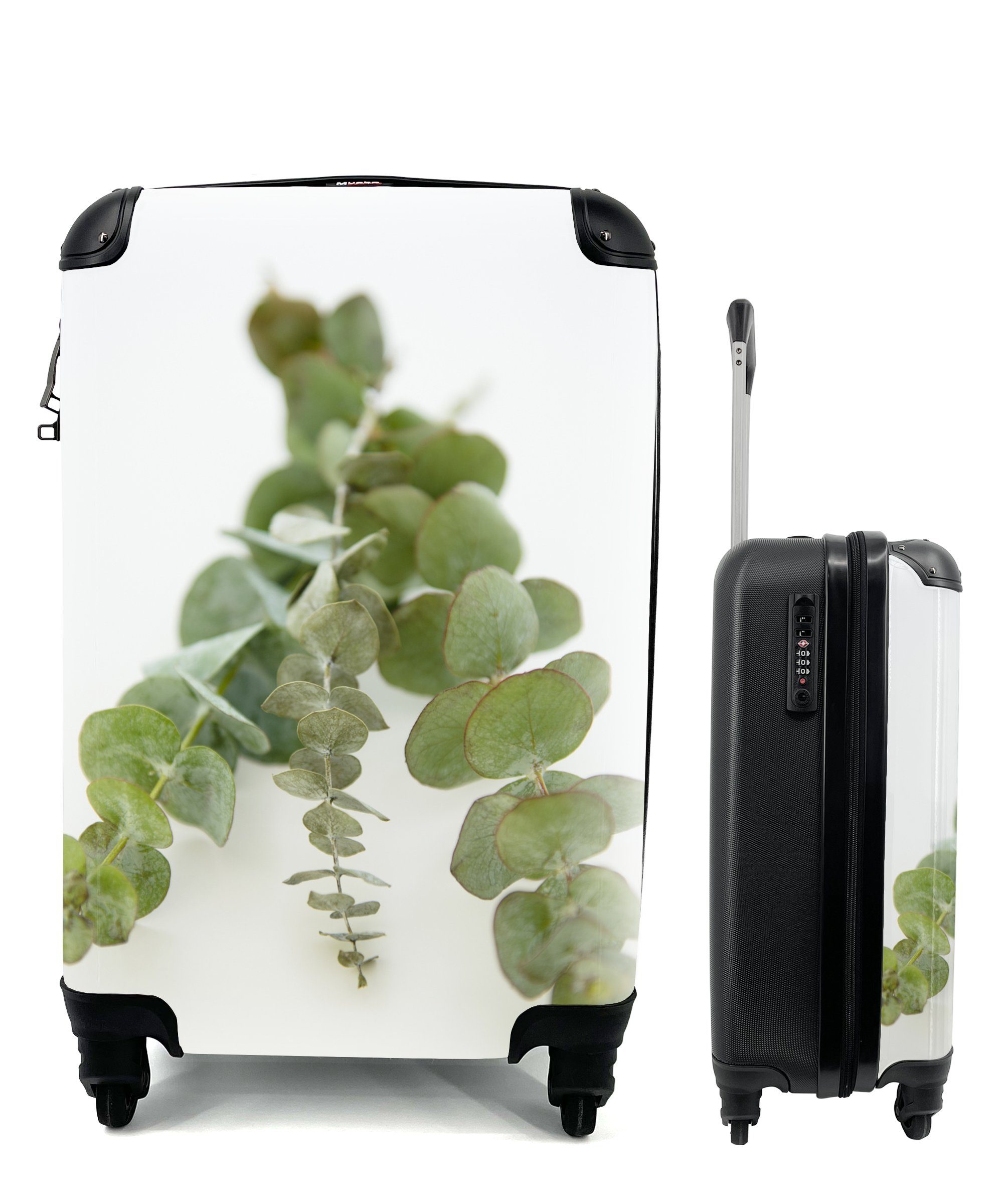 Handgepäckkoffer Rollen, Eukalyptusblätter Ferien, Grüne Reisetasche auf weißem rollen, Handgepäck für Hintergrund, Trolley, mit 4 Reisekoffer MuchoWow