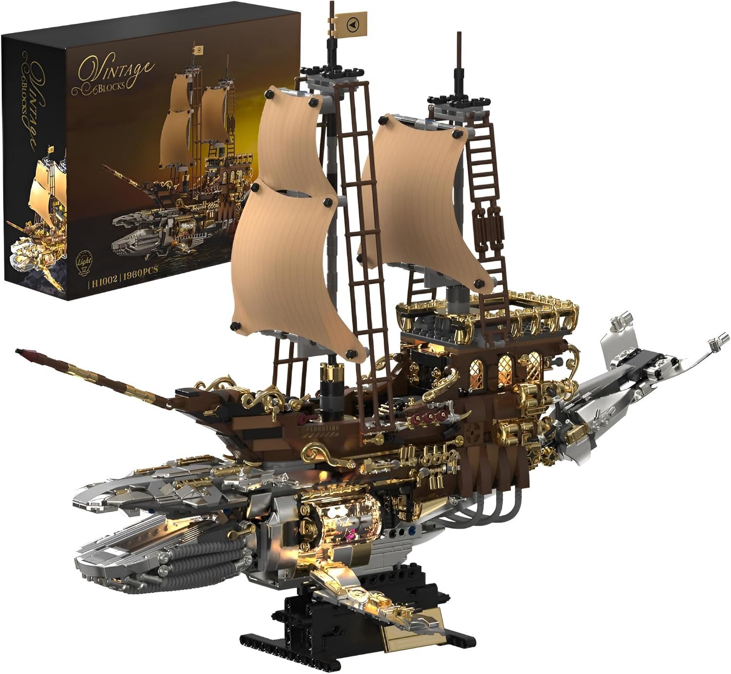 Esun Technik Wal Piratenschiff Bauspielzeug mit Licht, 1960St Modell Schiff Spielbausteine, (Set, 1960 St., Komplettset), Klemmbausteine für Erwachsene und Kinder Geschenk