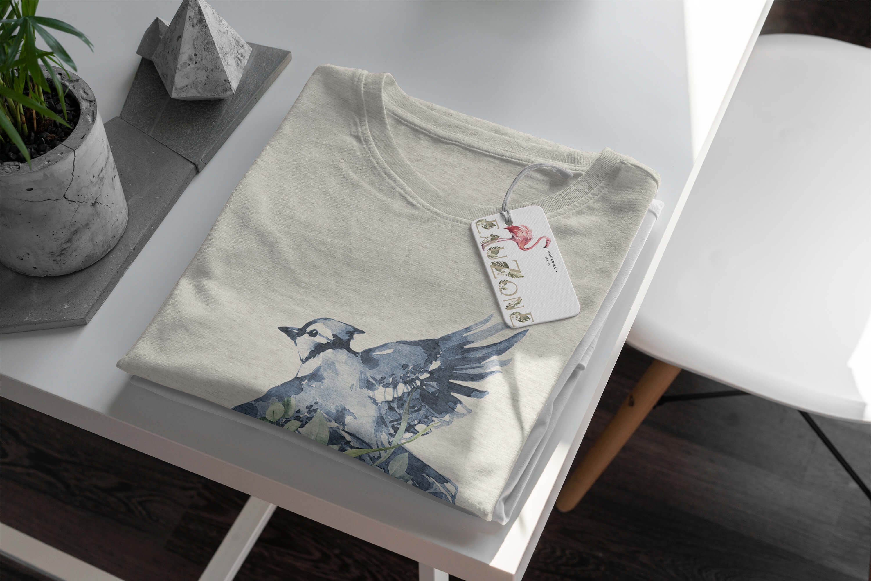 Ökomode Blau Bio-Baumwolle Shirt Nachhaltig Art T-Shirt Far Organic Aquarell Sinus kleiner Herren Vogel (1-tlg) Motiv T-Shirt