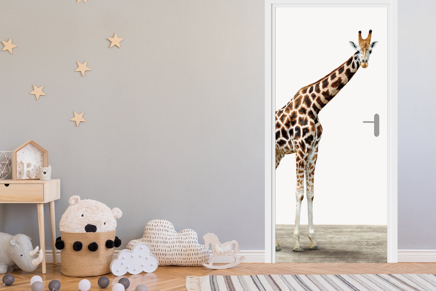 - 75x205 Türaufkleber, MuchoWow Matt, - Fototapete für St), Hintergrund Giraffe Kinder Mädchen, (1 bedruckt, Weißer - Tür, - Türtapete Junge cm Tiere -