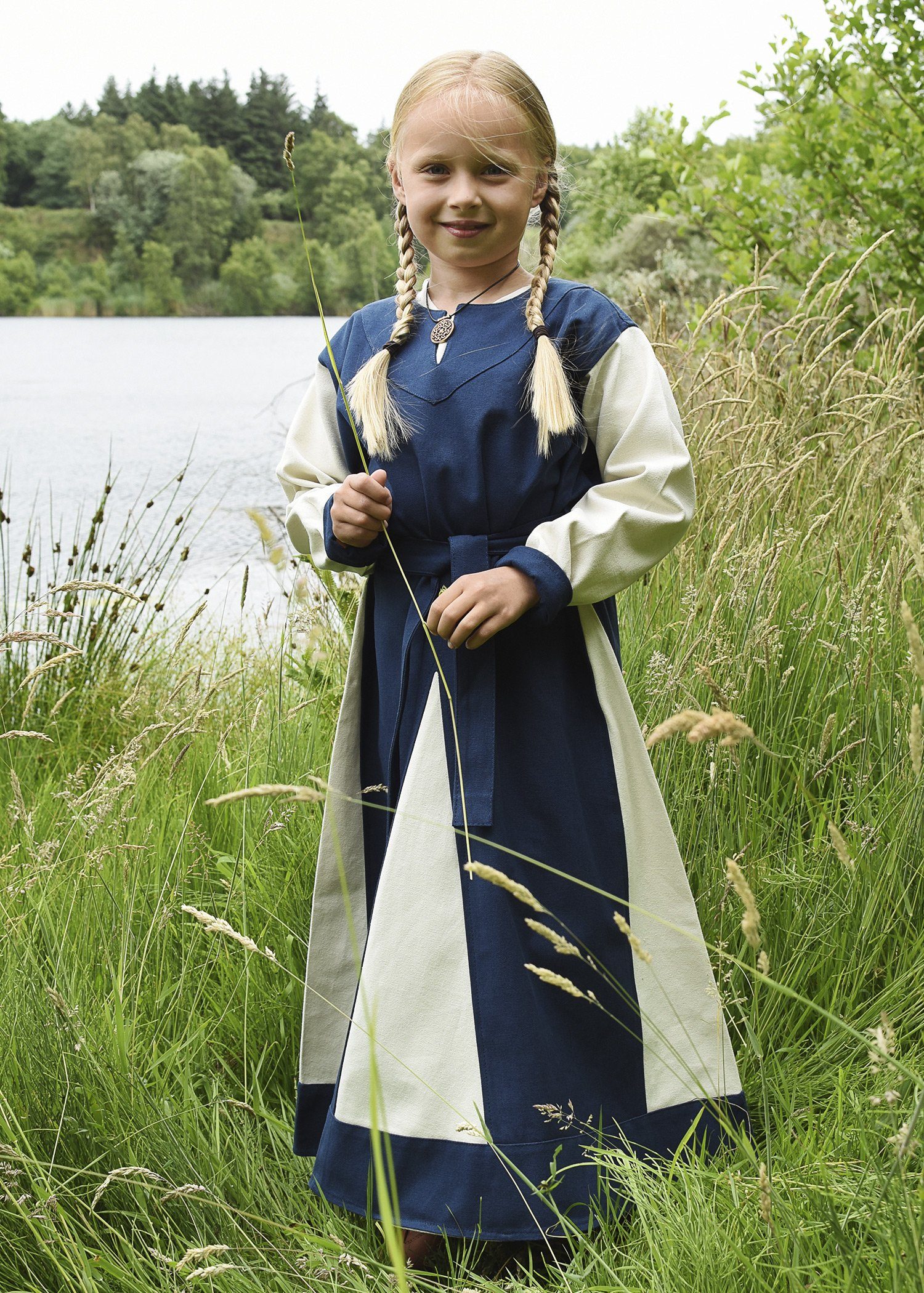 Battle Merchant Ritter-Kostüm Kinder-Wikingerkleid Solveig, blau/natur