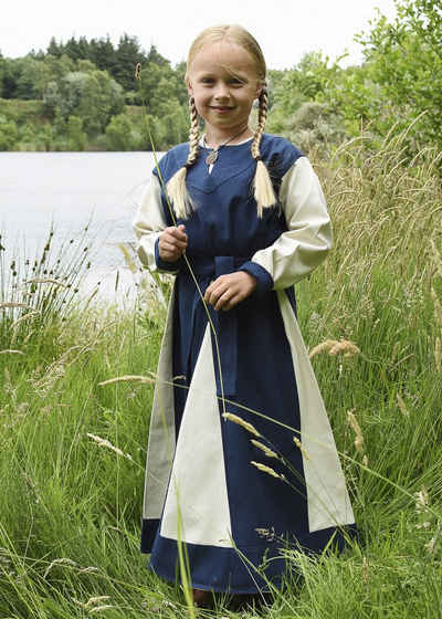 Battle Merchant Ritter-Kostüm Kinder-Wikingerkleid Solveig, blau/natur