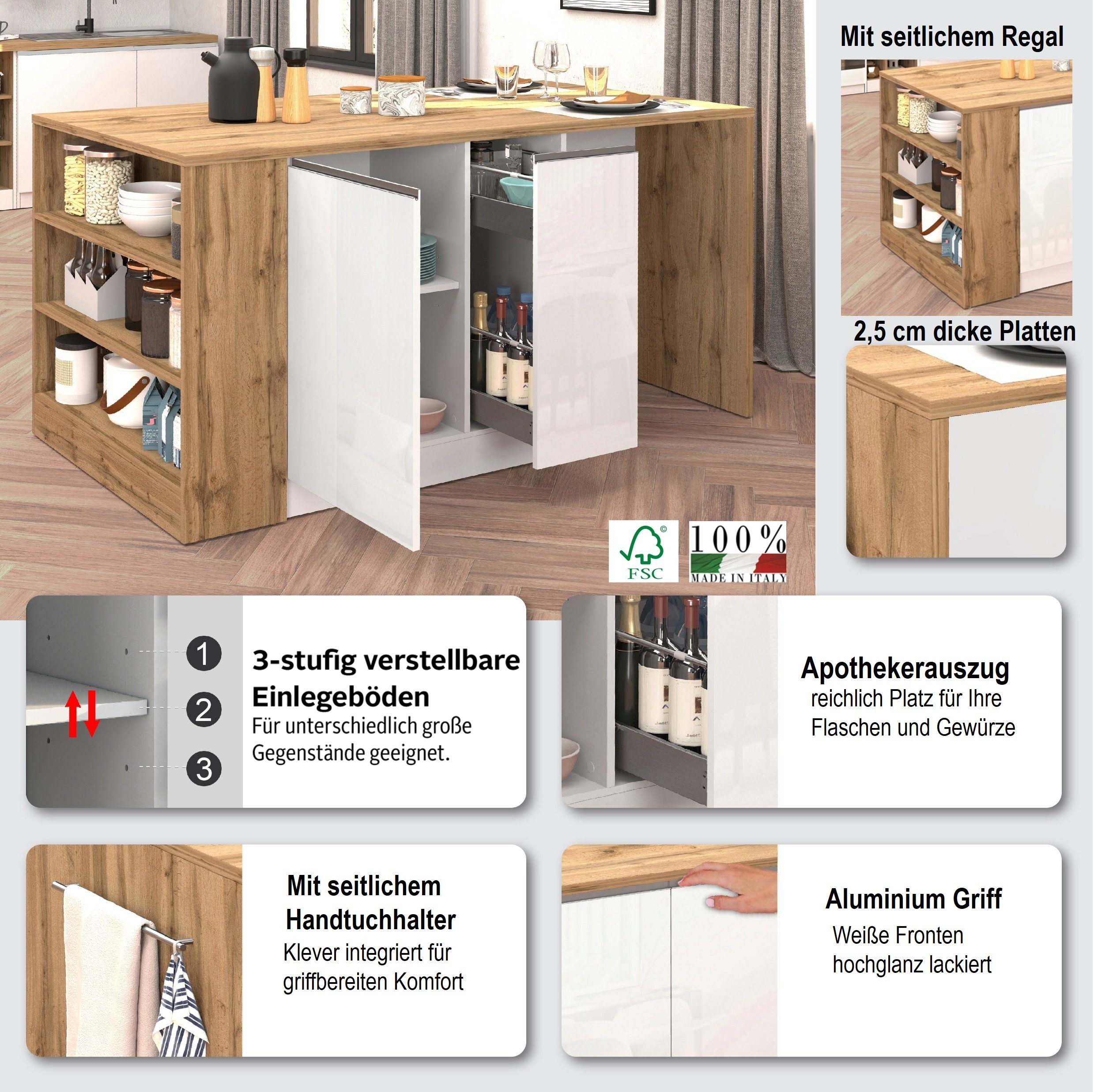 KOCHSTATION Kücheninsel KS-Sole, Kochinsel, Küchenarbeitsblock, Arbeitsinsel, Made in Italy, Breite 167,5 cm, 2 Apothekerauszüge, 2 Essplätze, 1 offenes Regal