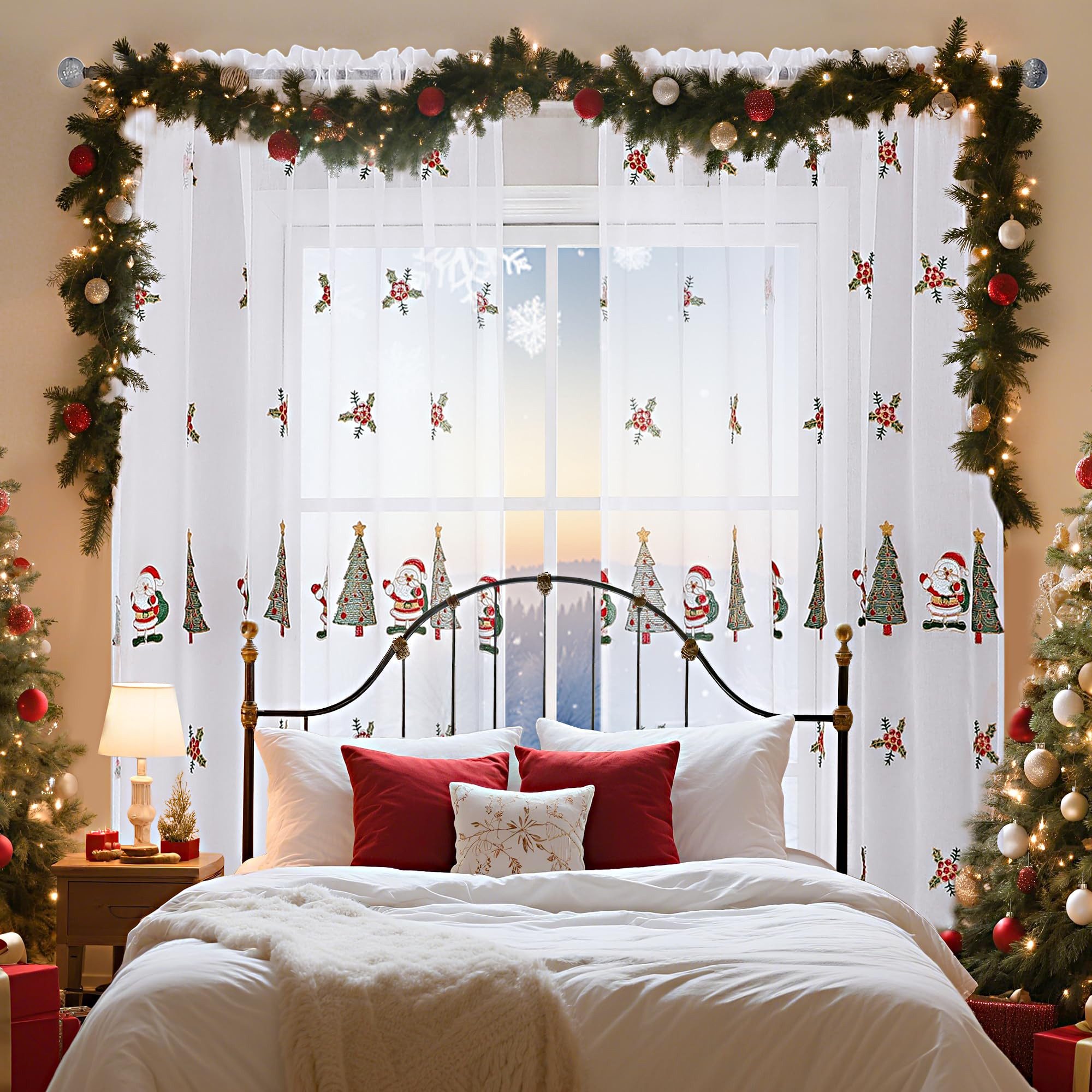 FOUORTUNATE-BEE Vorhang Weihnachtsvorhänge 2er-Set 130×245 cm mit gesticktem Deko-Motiv, Transparente Weihnachtsvorhänge mit Baum- und Santa-Stickerei – Bild 3 von 5