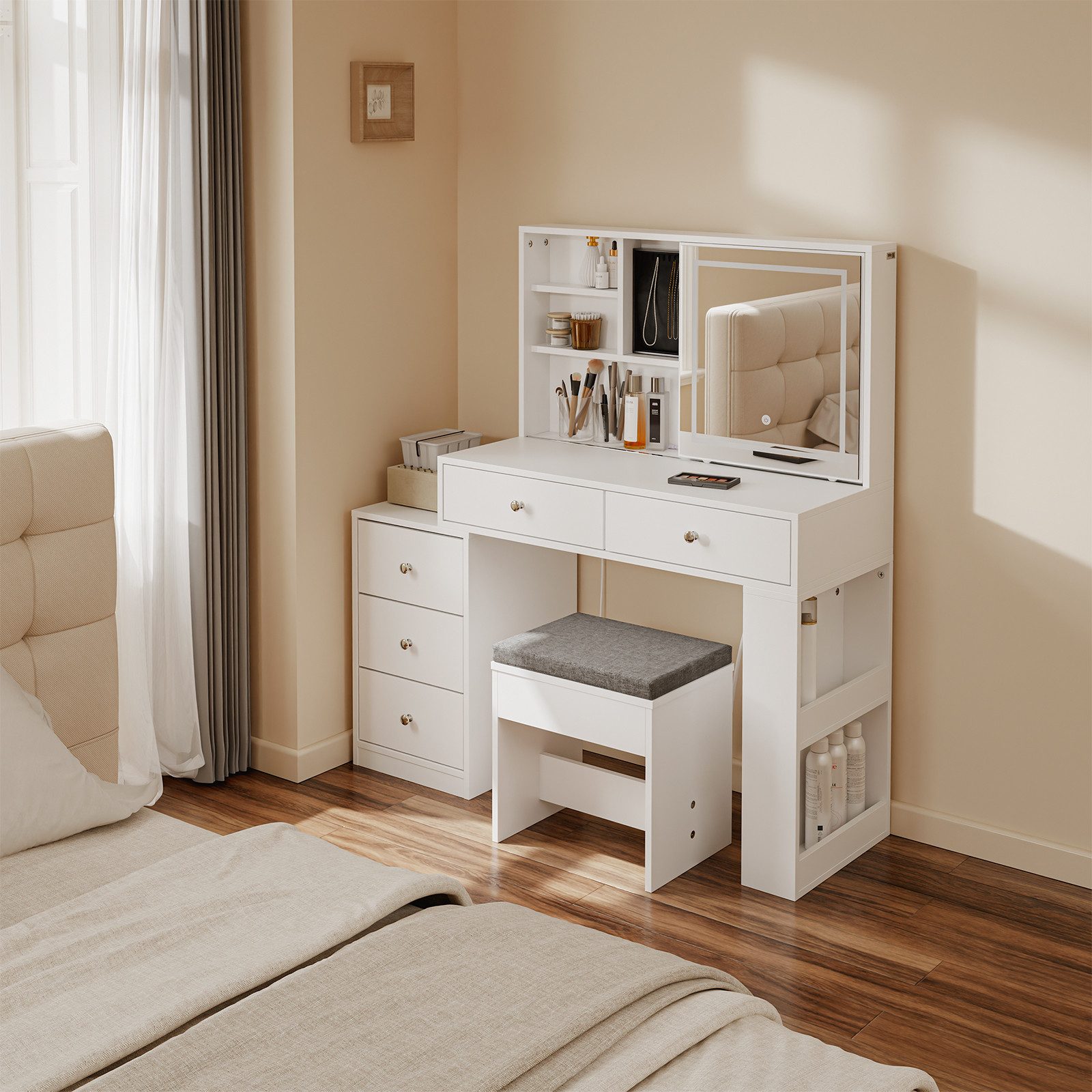 SoBuy Schminktisch FWT114-E, Kosmetiktisch mit LED-Beleuchtung, Ladestation und Hocker (1 Tisch mit 1 Hocker), Schminktisch mit Schiebespiegel, 3 einstellbaren Lichtfarben