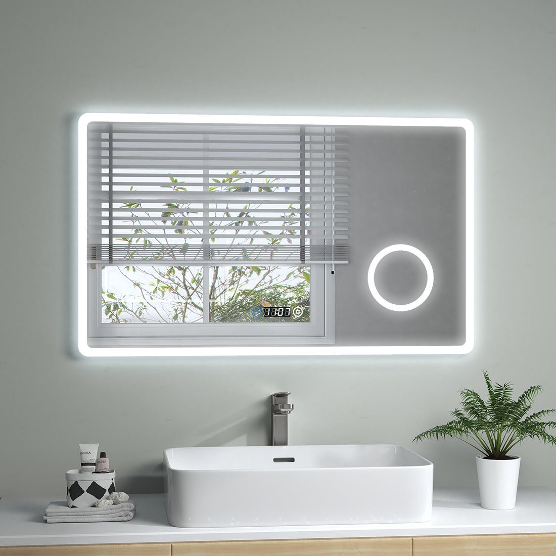 Badspiegel mit Wandspiegel, S'AFIELINA 100 x cm,Touch-Schalter,Uhr,3 Badezimmerspiegel LED Beleuchtung 60 Badspiegel Vergrößerung Lichtfarbe,3-Fach