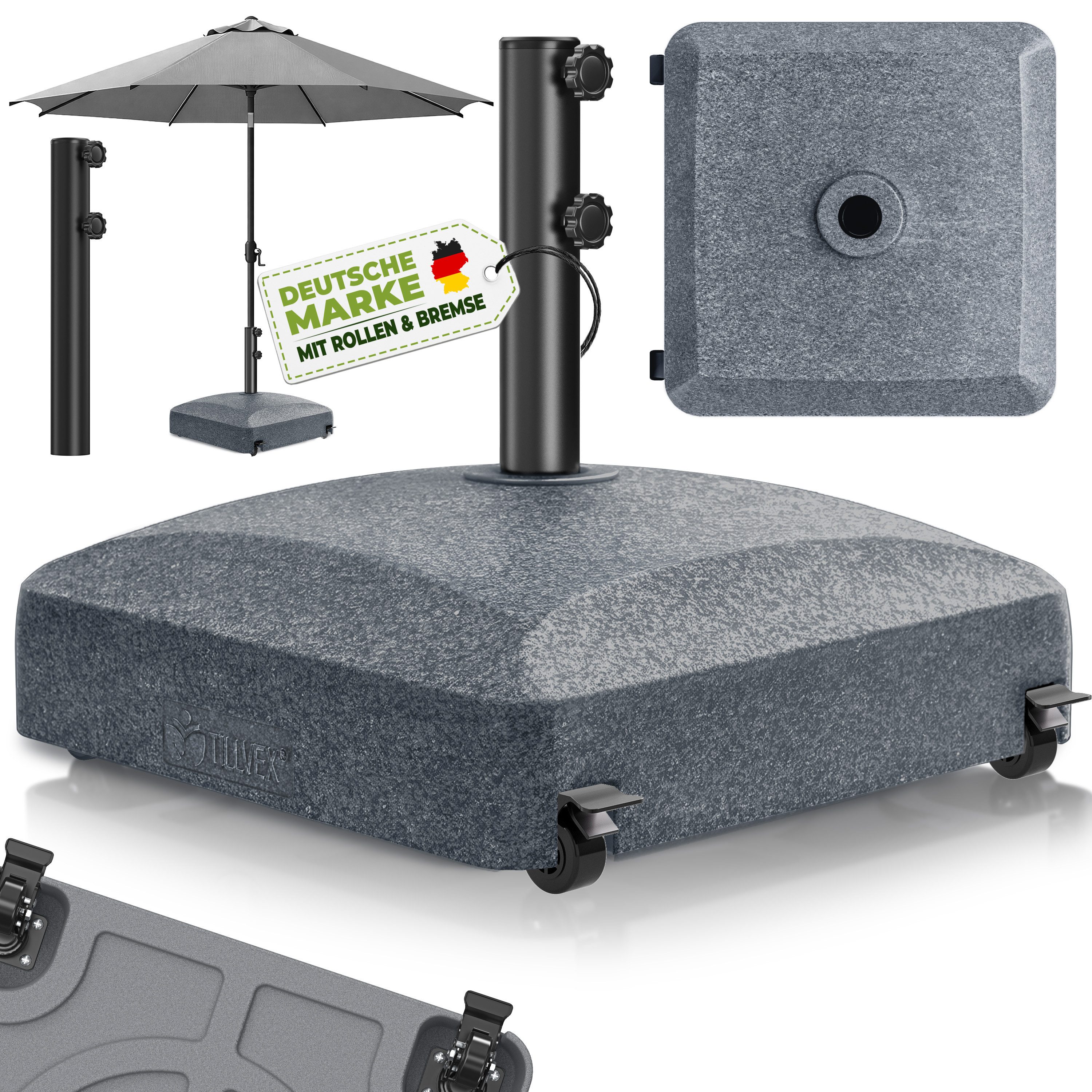 tillvex Sonnenschirm tillvex® Sonnenschirmständer PAVERA mit Rollen & Bremsen, Schirmständ, & Marktschirm Ø 1,8-3,7m, Ampelschirmständer wetterfest, Schirmständer befüllbar 37 Liter / 56 kg Schirmgewicht Sonnenschirm, Sonnenschirmständer PAVERA mit Rollen & Bremsen