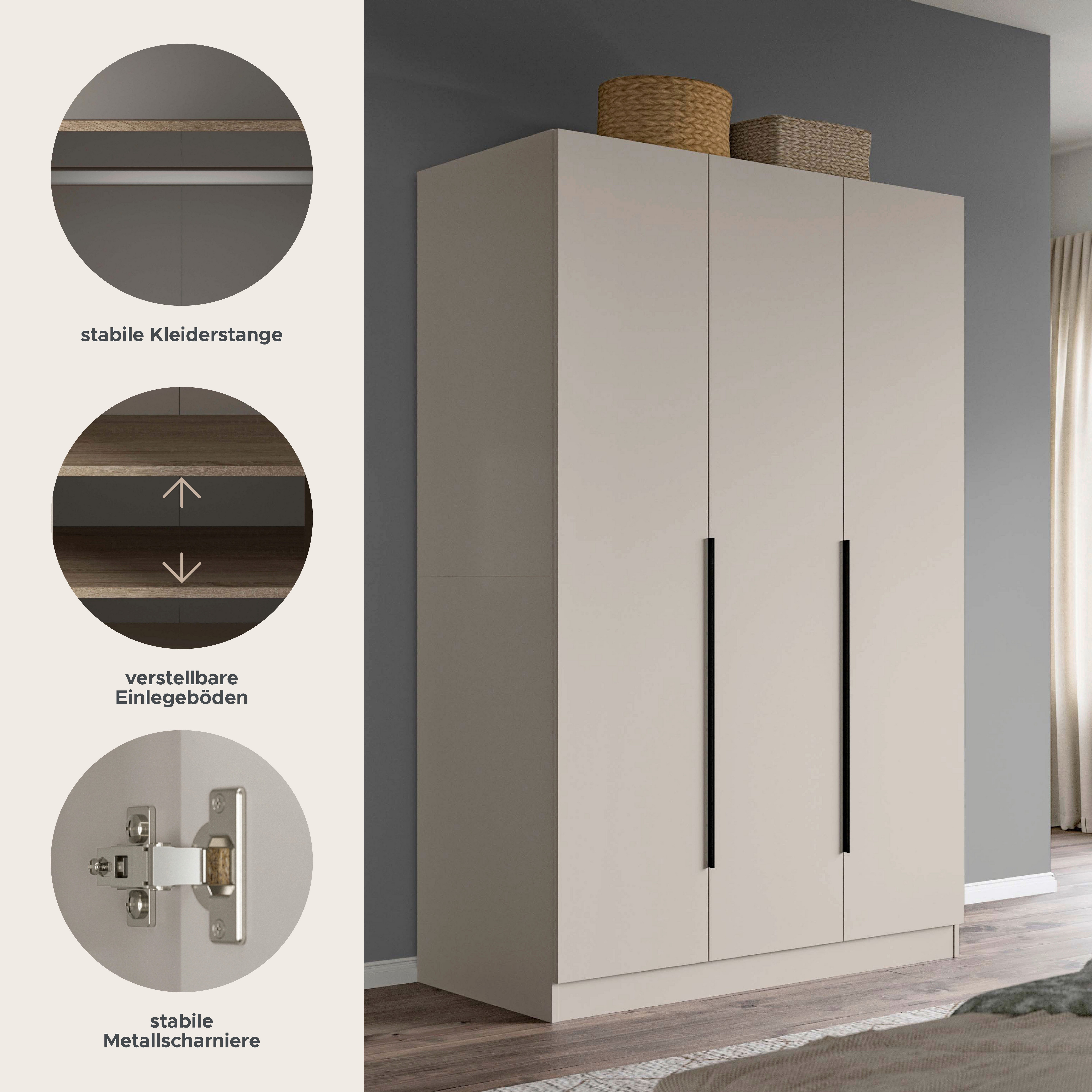 Home affaire Kleiderschrank Skarde Schlafzimmerschrank, Garderobe, Schrank (Otto Bestseller Garderobe Schlafzimmerschrank) Breite: 120 cm, kashmir, Kleiderstange 4 Böden