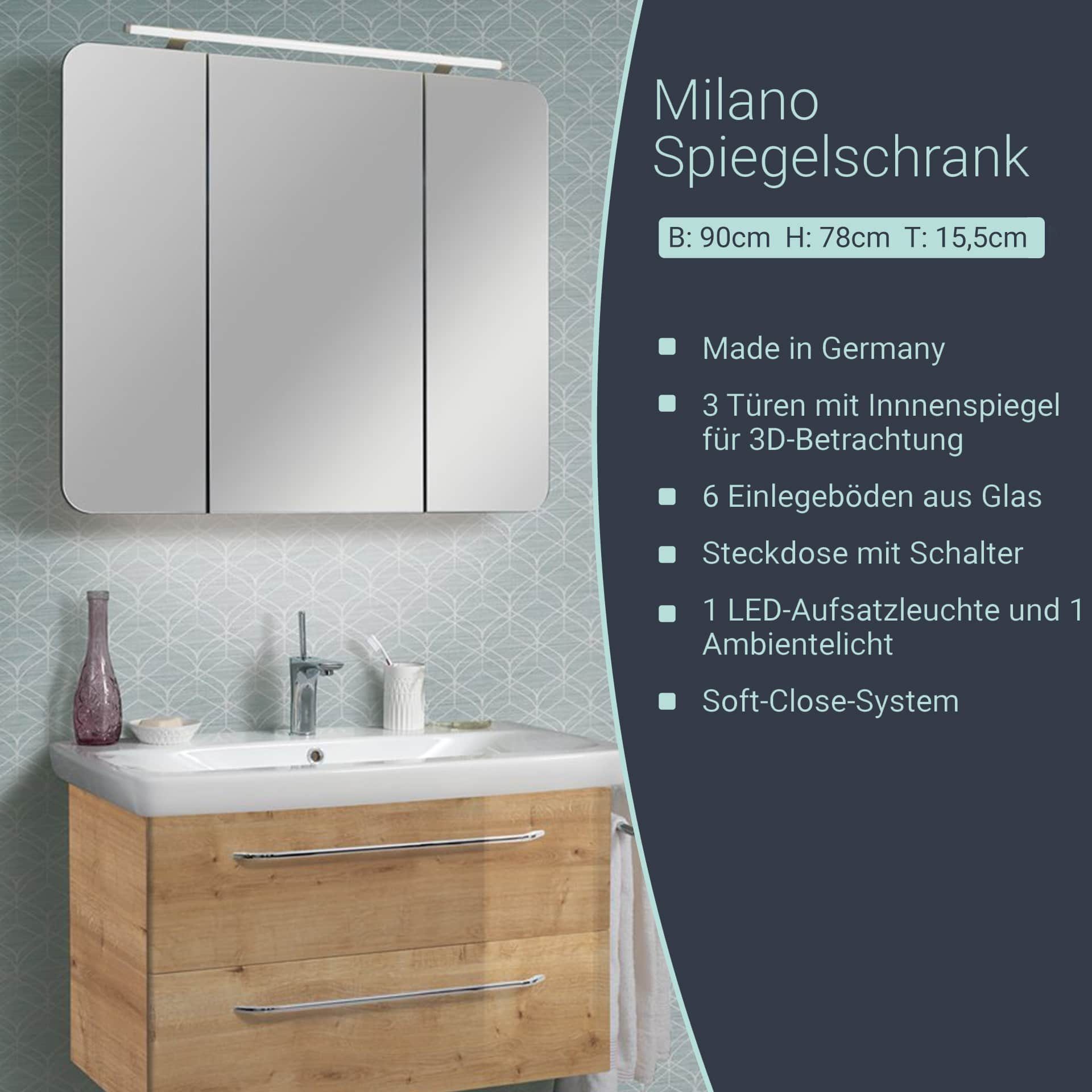 FACKELMANN Spiegelschrank Milano Badmöbel Schalter, Steckdose,  Ambientebeleuchtung