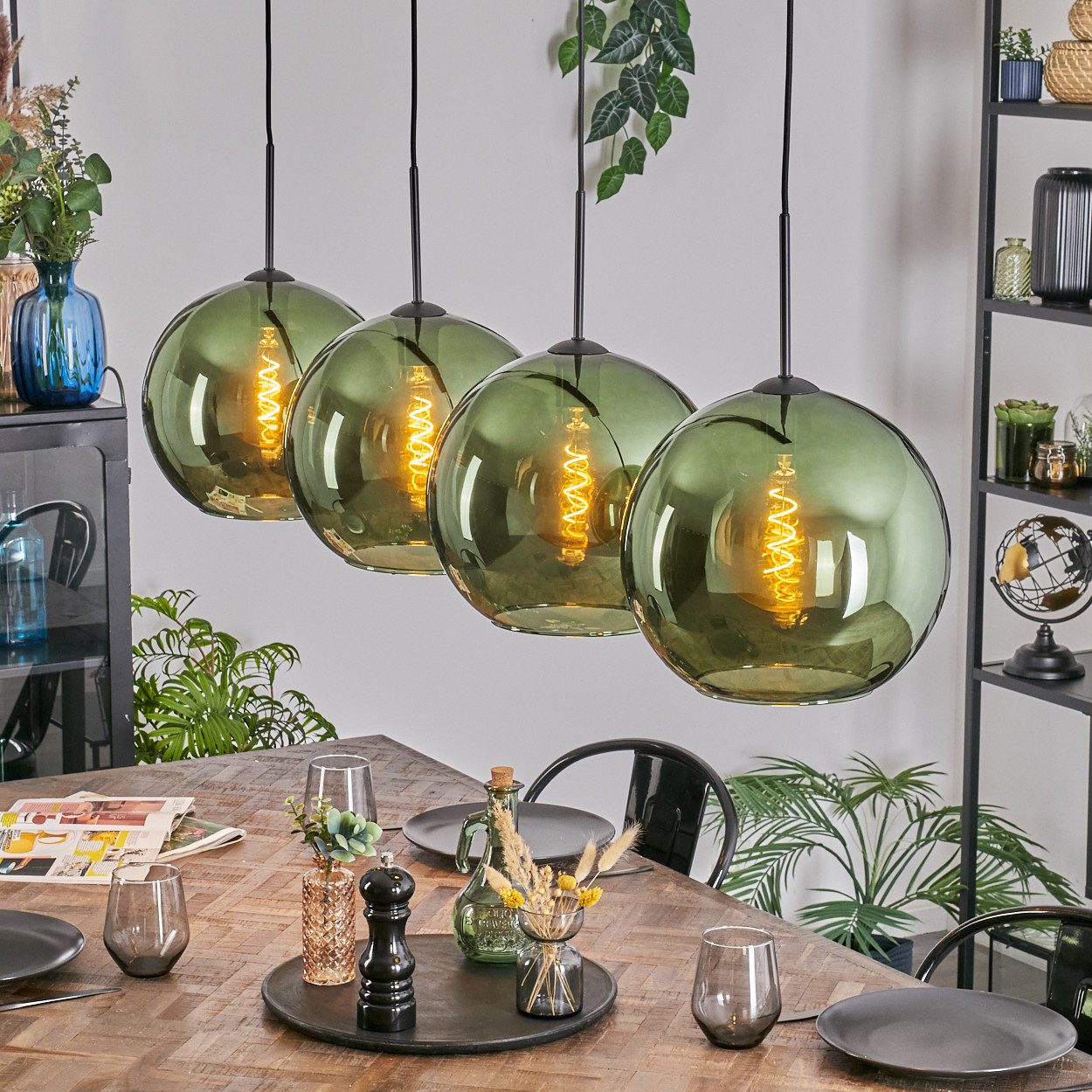 hofstein Hängeleuchte Hängelampe aus Metall/Glas in Schwarz/Grün, ohne Leuchtmittel, Pendelleuchte im Retro/Vintage-Design (Schirme Ø 30 cm), 4 x E27