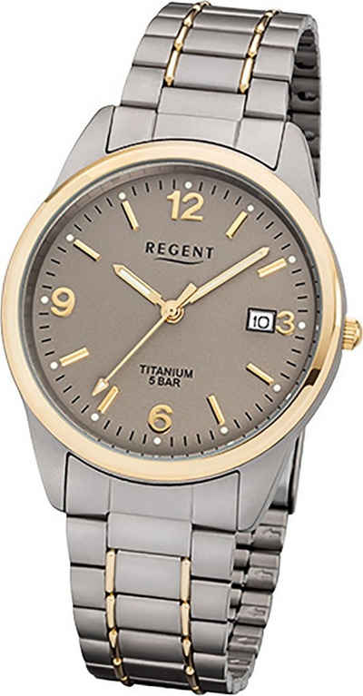 Regent Quarzuhr Regent Titan Herren Uhr F-1107 Quarzuhr, Herrenuhr Titanarmband silber grau gold, rundes Gehäuse, mittel(36mm)