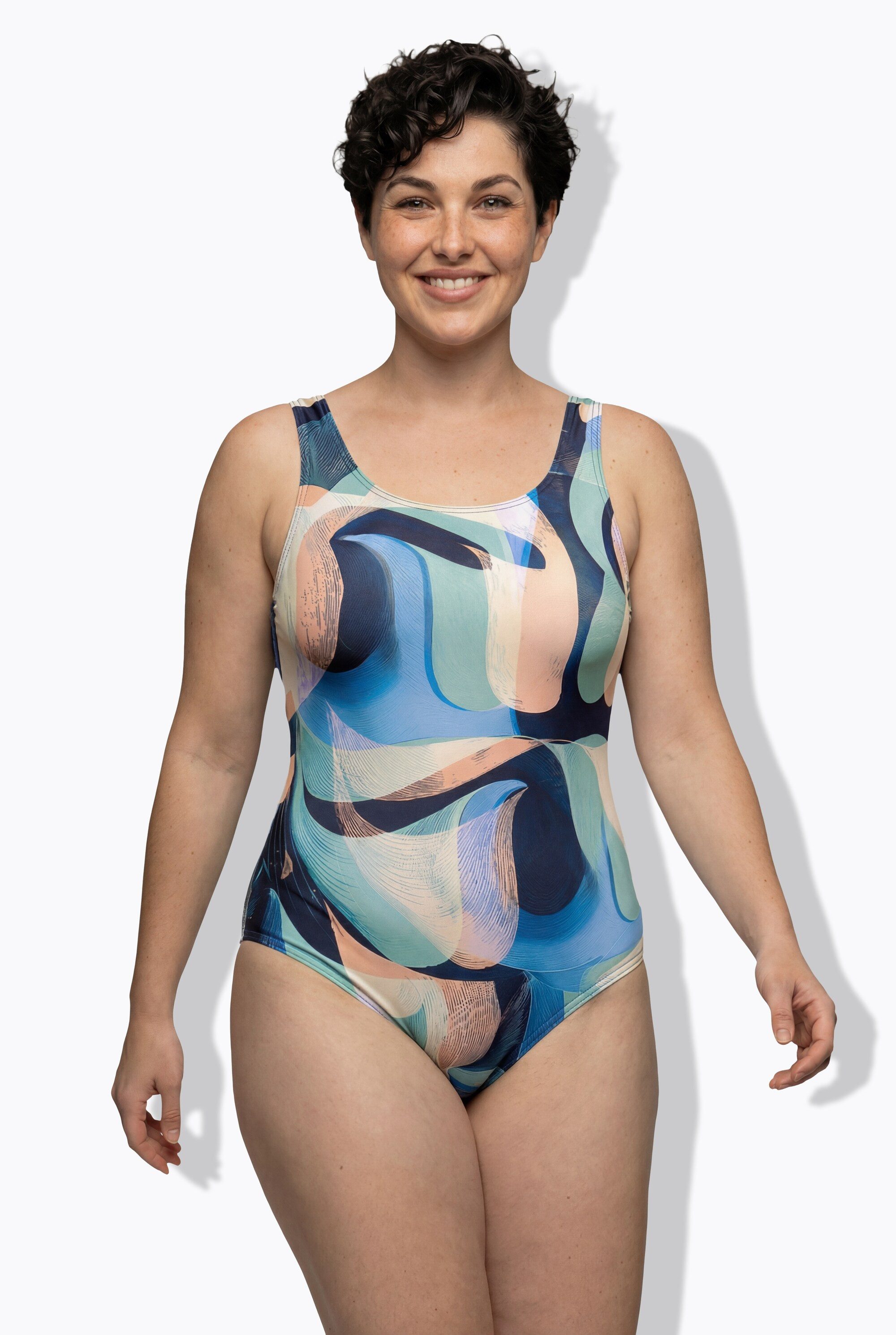 Ulla Popken Badeanzug Badeanzug abstrakter Druck ohne Softcups Rundhals