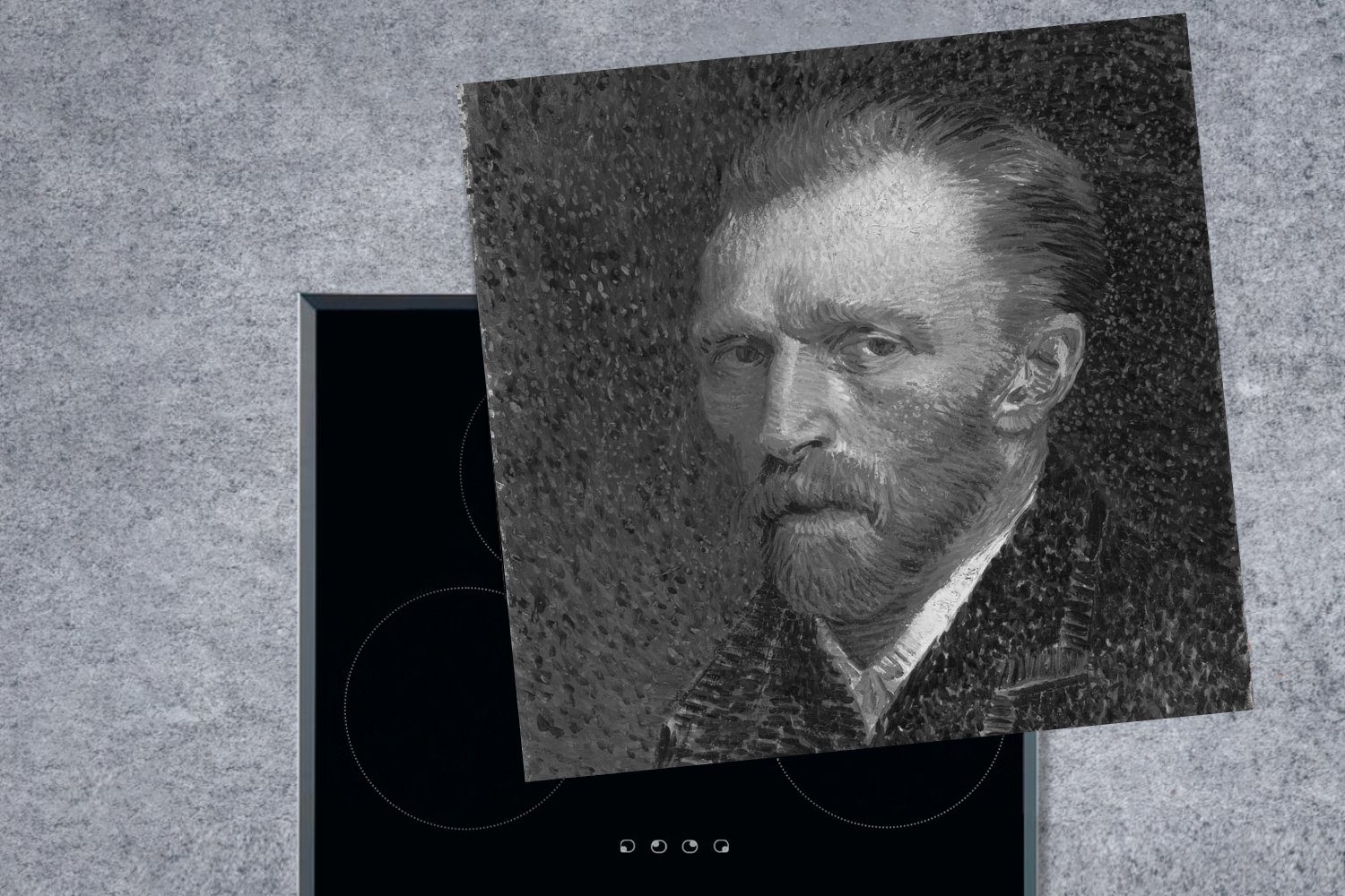 Schwarz Gogh - Selbstbildnis cm, für - MuchoWow Weiß, von (1 Vinyl, 78x78 küche Ceranfeldabdeckung, Herdblende-/Abdeckplatte van Vincent tlg), Arbeitsplatte