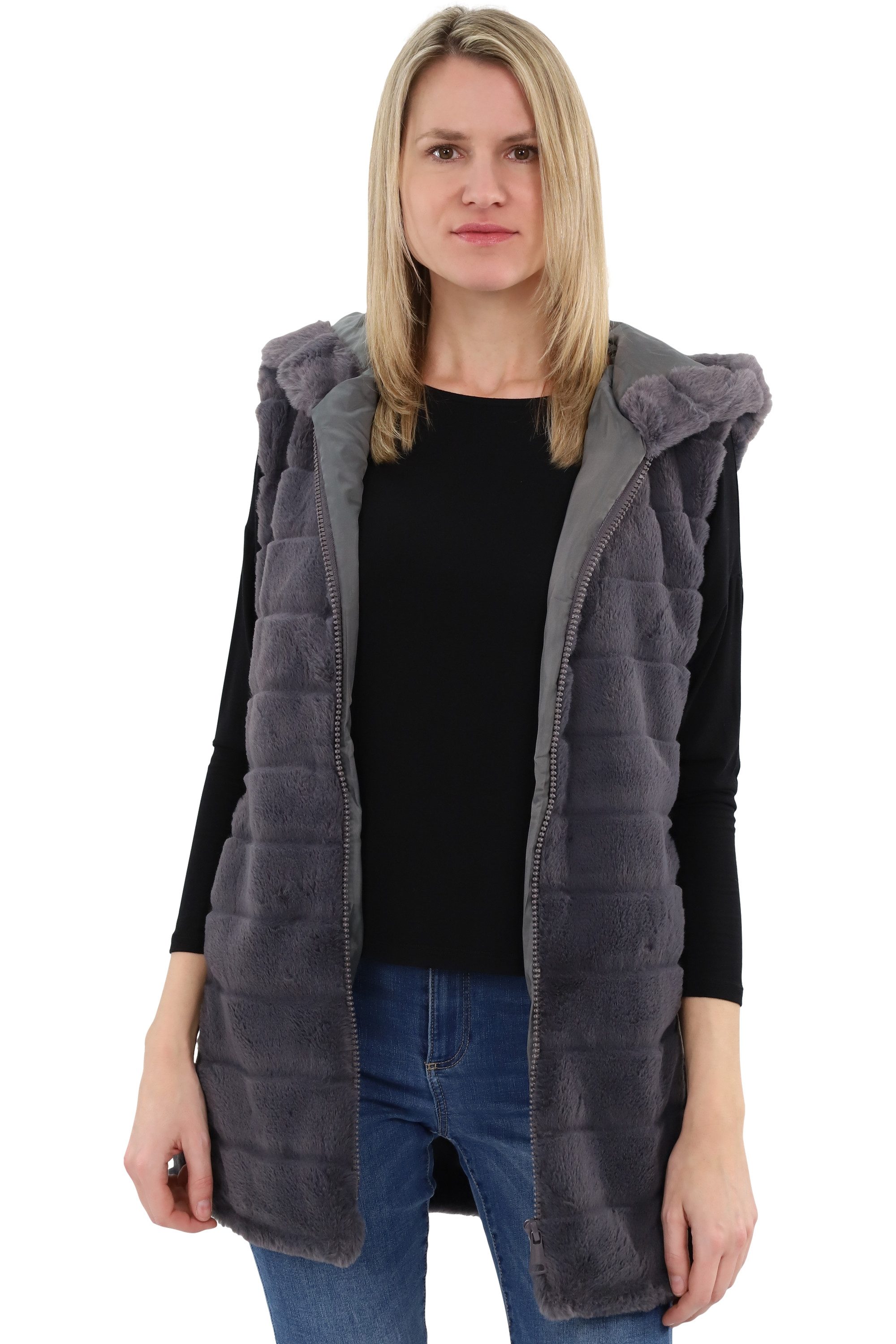 malito more than fashion Longweste malito Damen Longweste mit Kapuze, gerippte Weste aus Kunstpelz, mit Kapuze