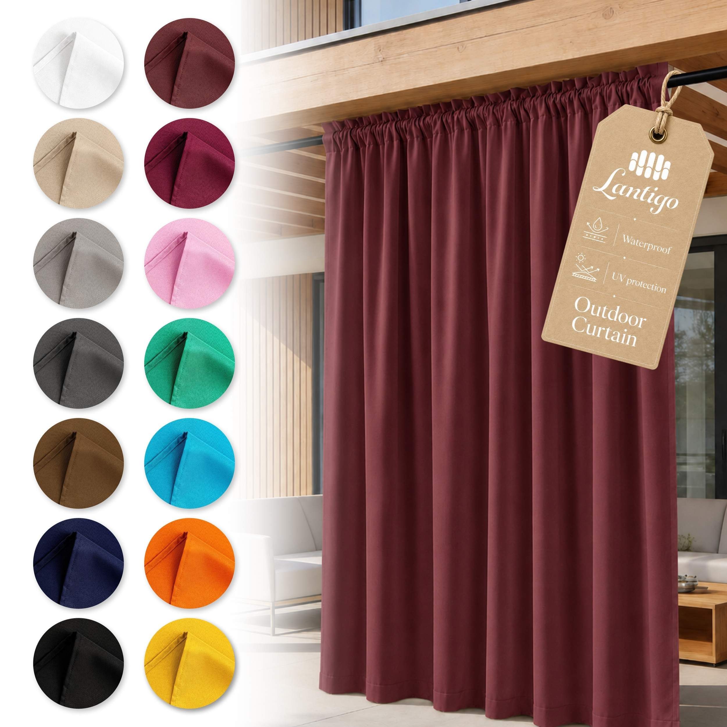 Lantigo Outdoorvorhang Wasserdichter Outdoor-Vorhang mit Stangendurchzug und Raffhalter (1 St), Stangendurchzug, OXFORD 500D, Sichtschutz für Terrasse, Pavillon, Balkon und Garten im Außenbereich