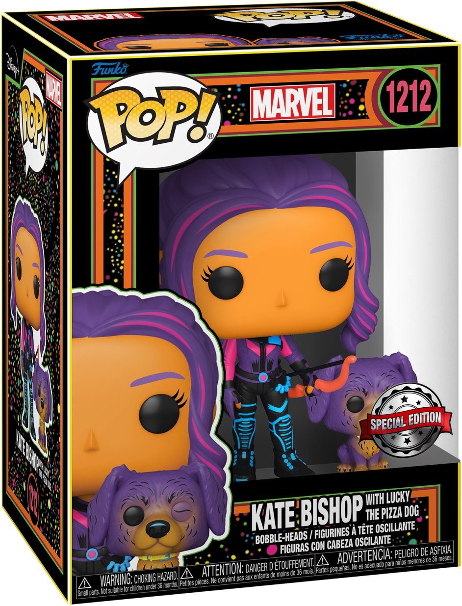 Funko POP! & Buddy: Marvel - Hawkeye - Kate Bishop Con Lucky The Pizza Dog - (Blacklight) - Ms. Marvel - Figuras Miniaturas Coleccionables Para Exhibición - Idea De Regalo - Mercancía Oficial