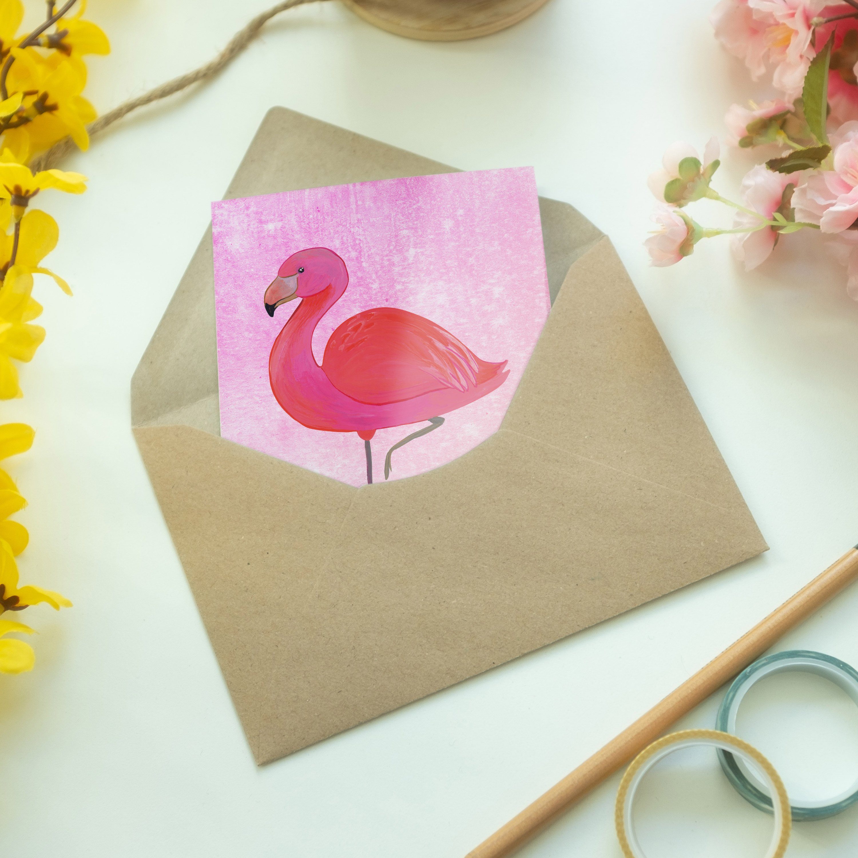 - Mr. Panda Pink Geschenk, classic Mrs. Grußkarte Klappkar Hochzeitskarte, Flamingo - & Aquarell