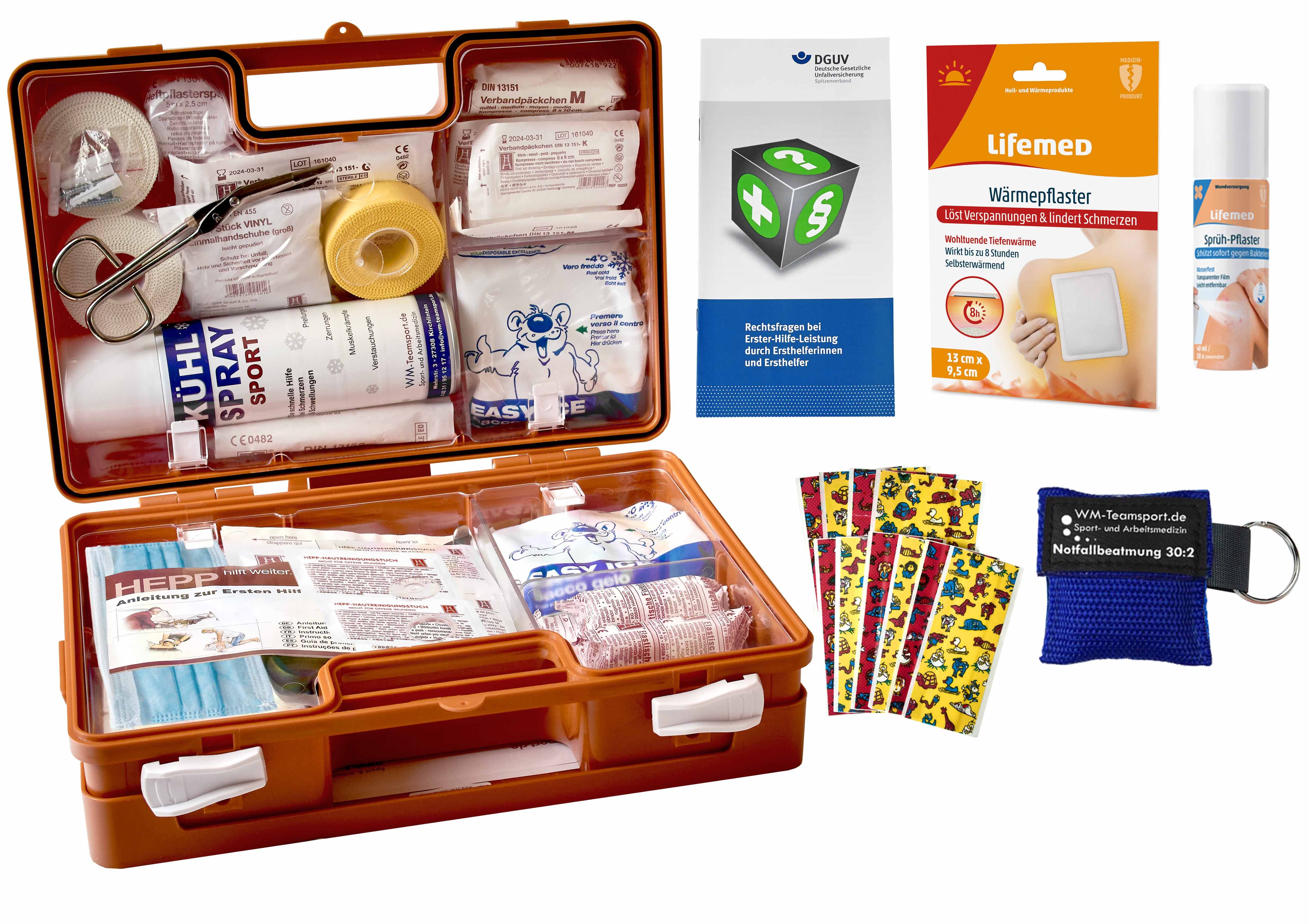 Erste-Hilfe-Koffer Sport-Sanitätskoffer PLUS 4 – akt. DIN 13157 +Sprüh-, Wärmepflaster