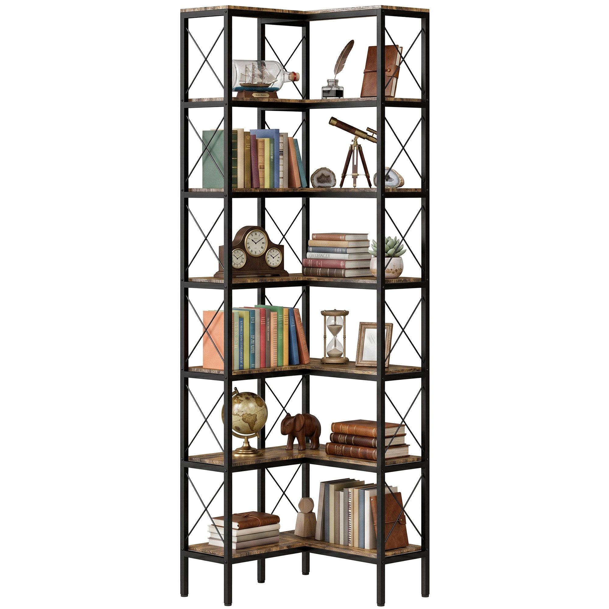 HOMCOM Bücherregal Eckregal mit 6 Ebenen, Büroregal 1-tlg., 60 x 60 x 200 cm, Rustikal-Braun