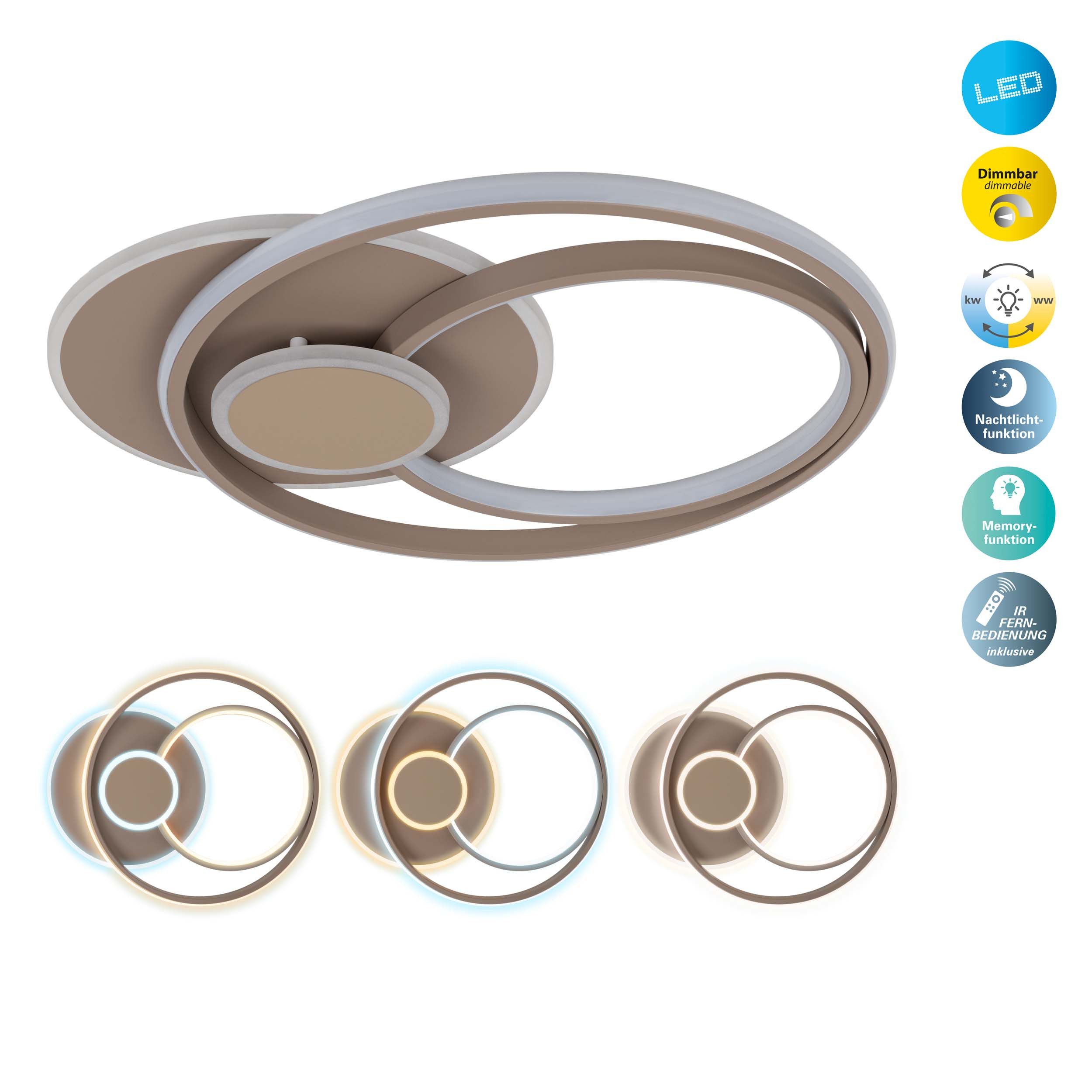 OTTO home LED Deckenleuchte Nerrina, CCT - über Fernbedienung, Memoryfunktion, Nachtlichtfunktion, dimmbar über Fernbedienung, mehrere Helligkeitsstufen, LED wechselbar, Neutralweiß, warmweiß - kaltweiß, CCT, Memory, Nachtlicht, dimmbar per IR-Fernbedienung, modern