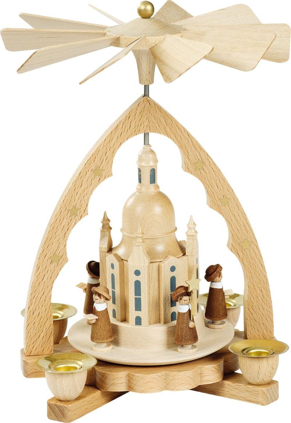 Richard Glaesser Weihnachtspyramide Pyramide Dresdner Frauenkirche mit Kurrende, Höhe 19 cm, Handwerkskunst original Erzgebirge