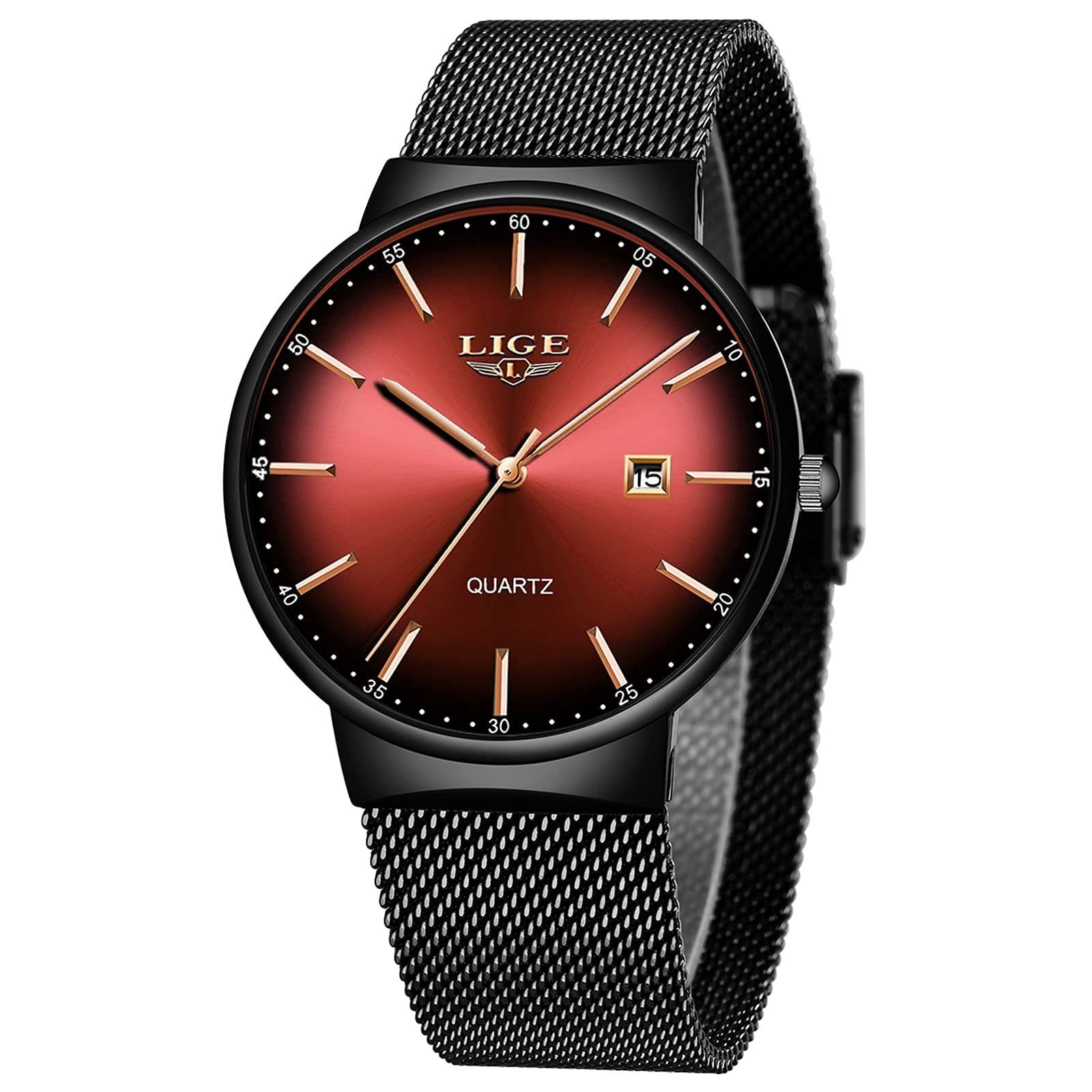 Quarz Mesh Dünne Uhr Rot wasserdichte Armbanduhr GelldG analoge Minimalistisch Mode