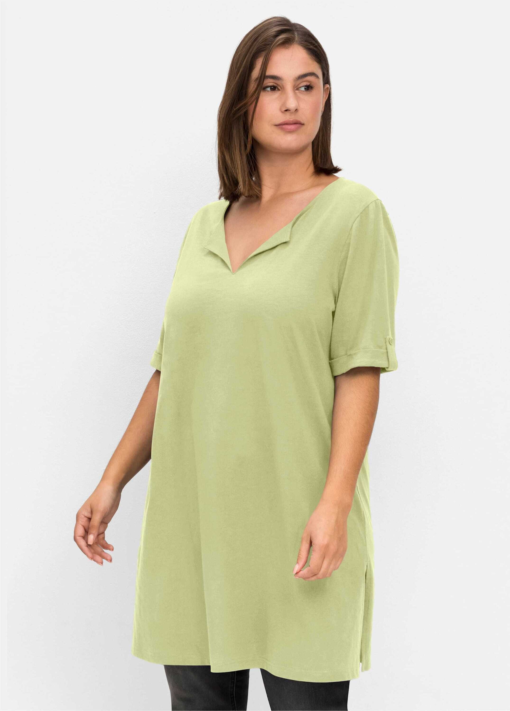 Sheego T-Shirt Longshirt Kurzarm mit geschlitztem Ausschnitt