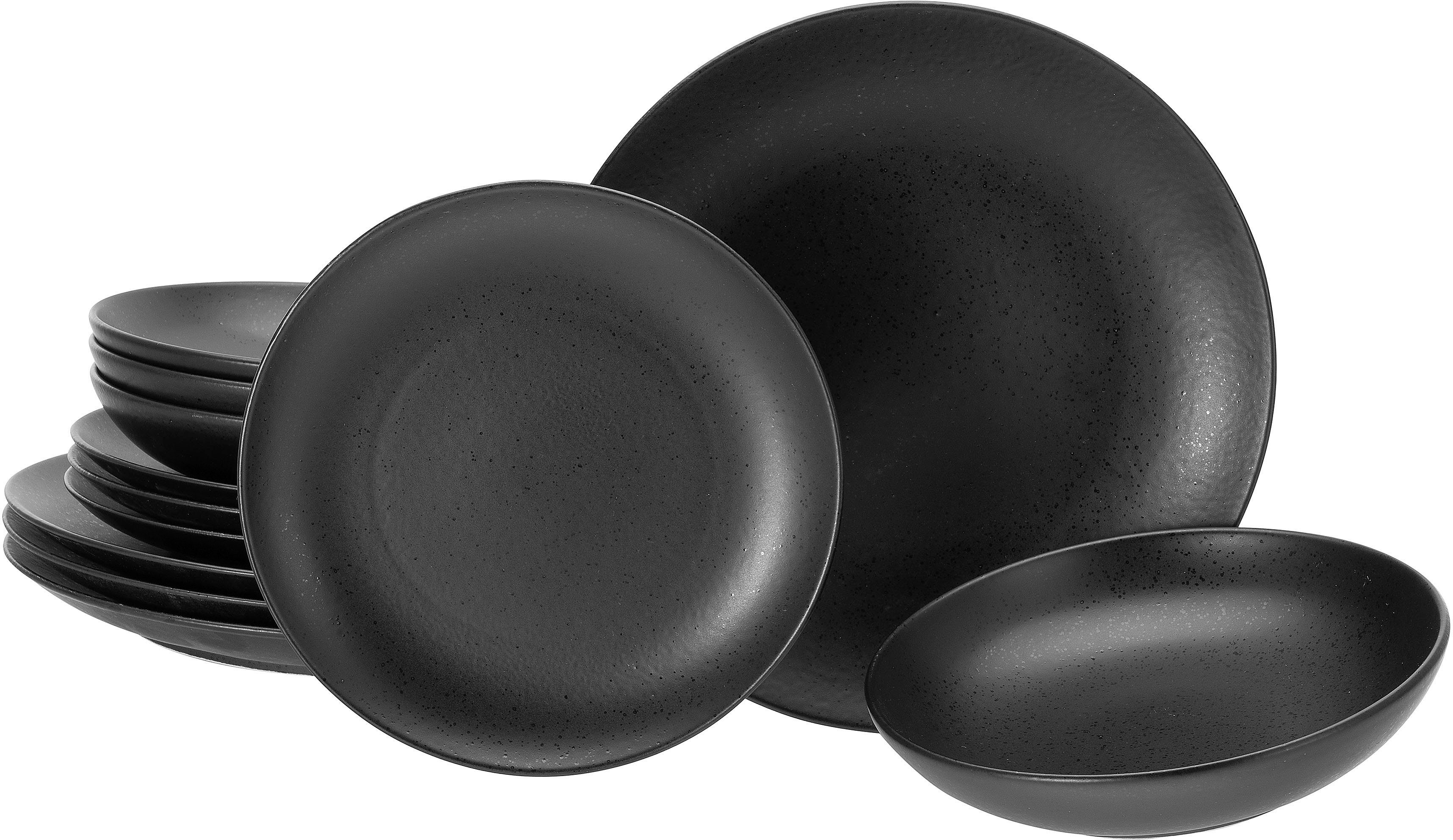 CreaTable Tafelservice Magic Black Coupe (12-tlg), 4 Personen, Porzellan, matte Spezialglasur mit glänzenden Sprenkeln