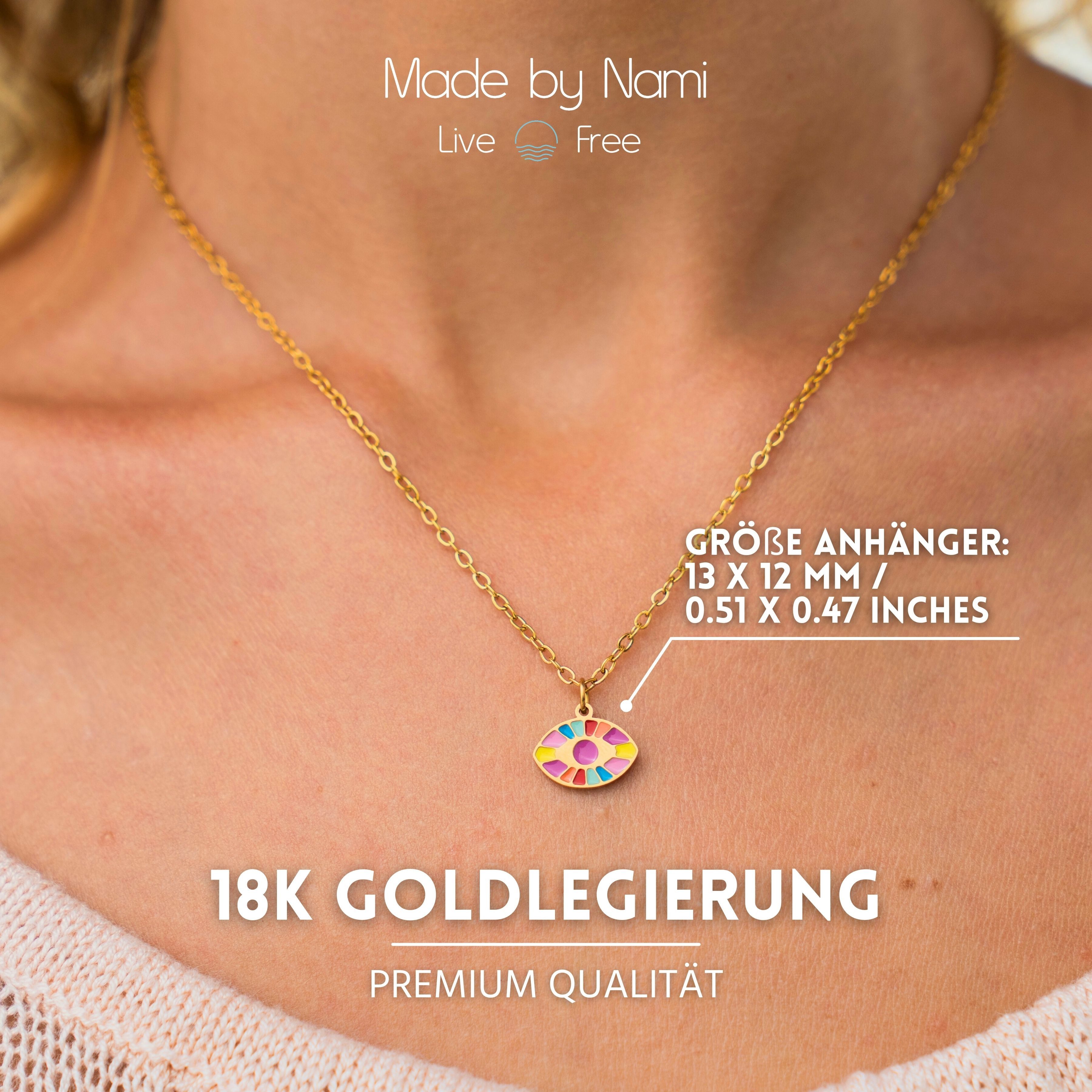 Made by Nami Kette mit Anhänger vergoldet mit Evil Eye Anhänger aus Chirurgischem Edelstahl 40 + 5 cm, Halskette Damen Gold mit Nazar Anhänger Wasserfester Schmuck Gold
