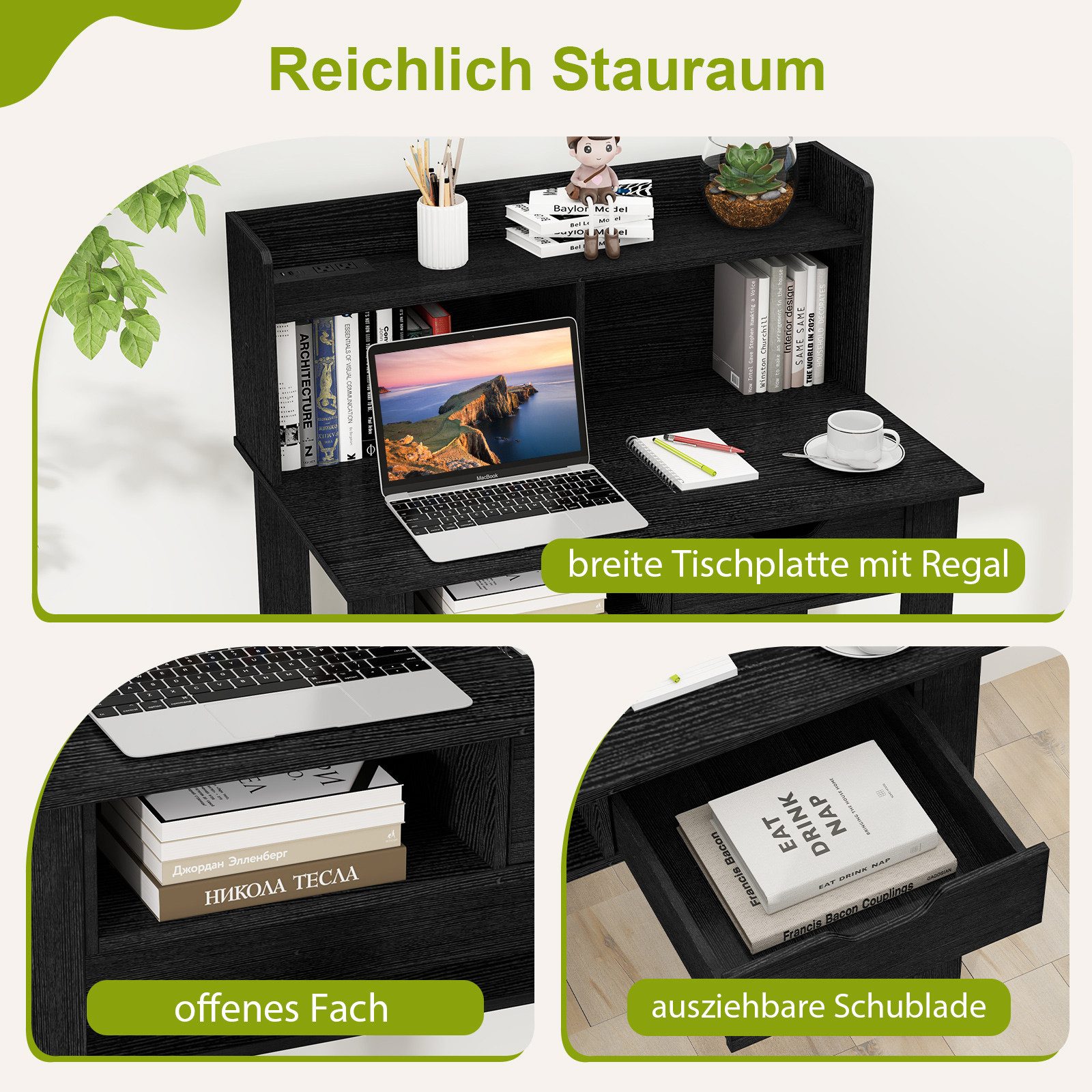 KOMFOTTEU Schreibtisch, Computertisch mit Schublade, Ladestation, USB- & Type-C-Anschluss