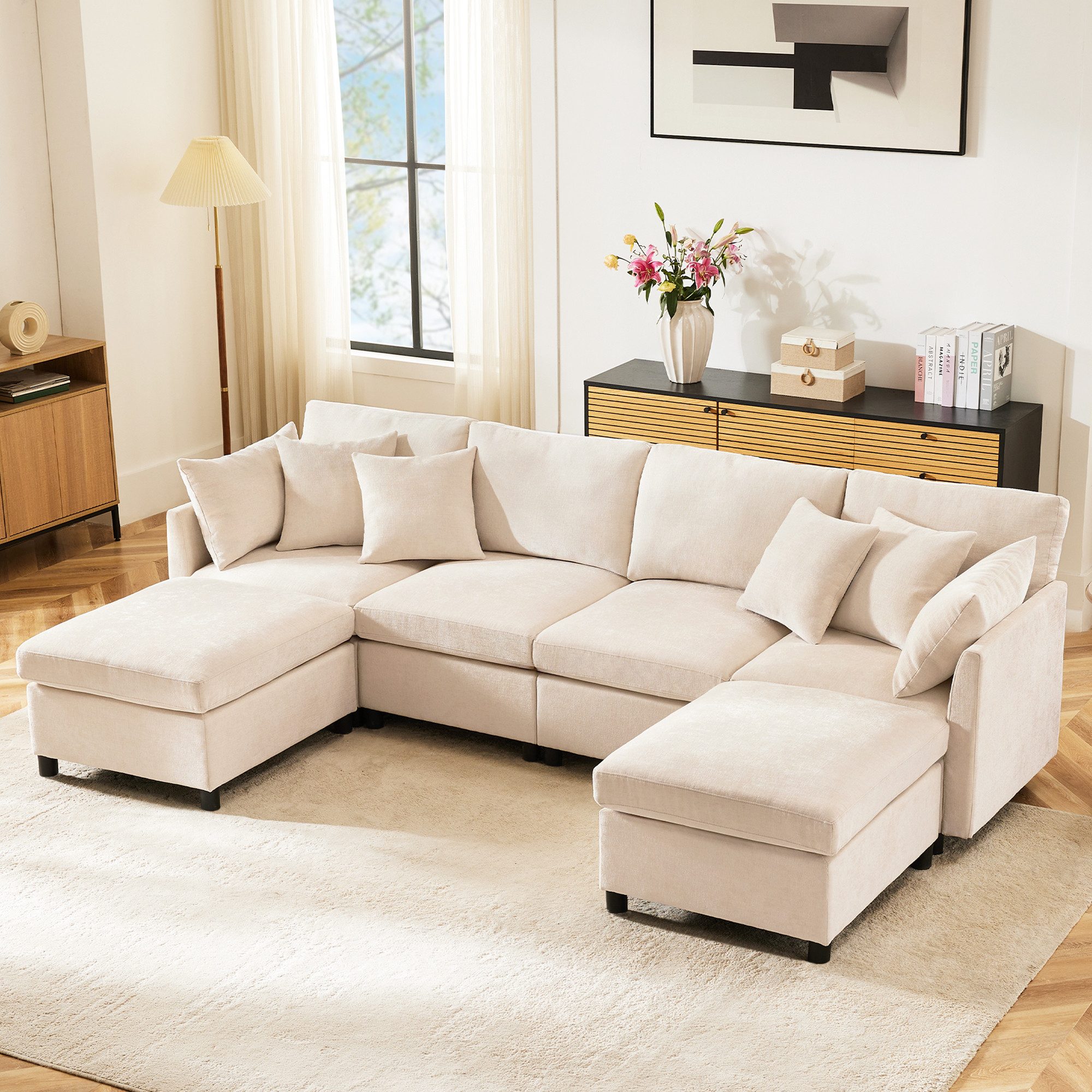 STILVORA Ecksofa 4-Sitzer-Schlafsofa mit Fußhocker,Wohnzimmersofa U-förmiges Sofa couch, Set 1 Teile, mit Relaxfunktion