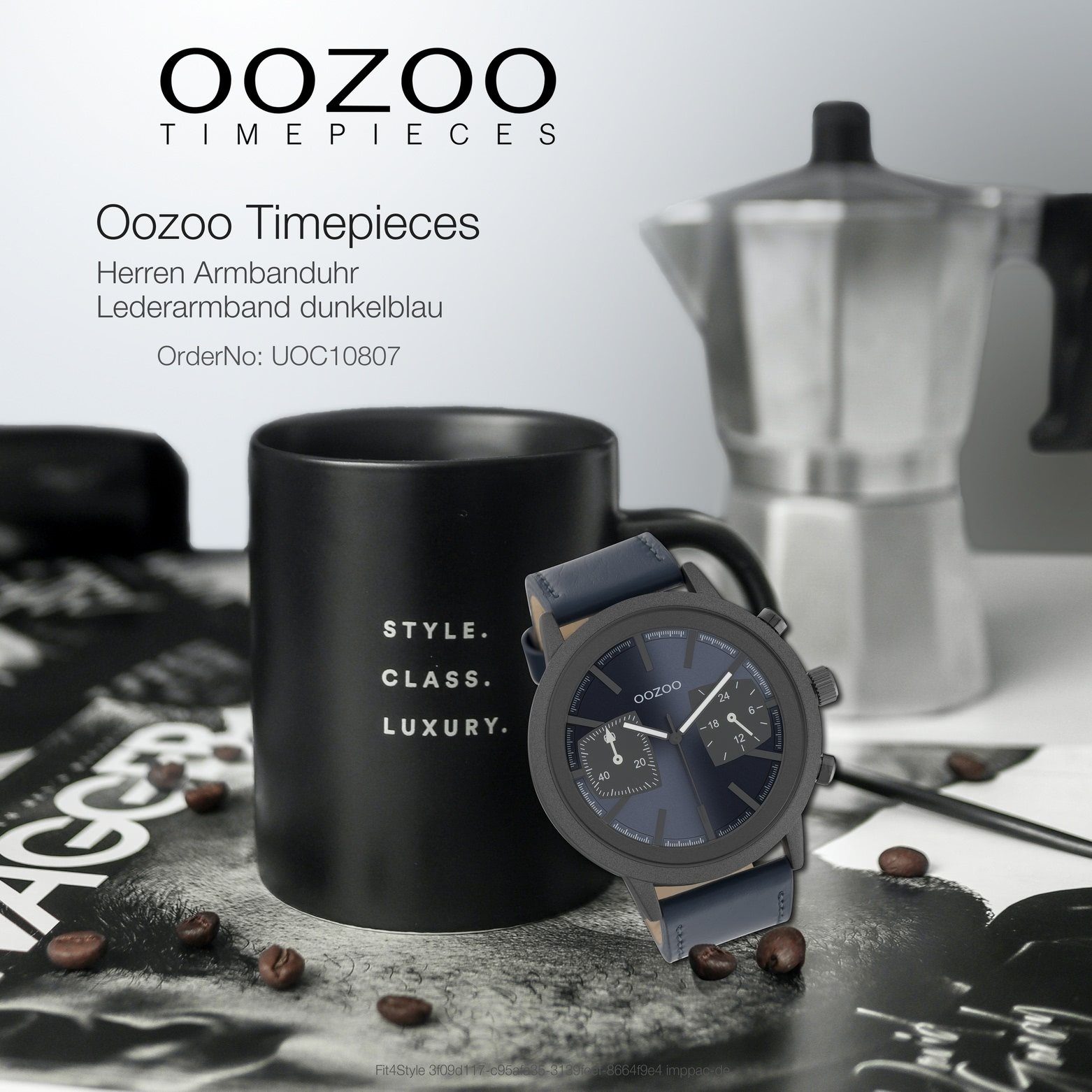 OOZOO Quarzuhr Oozoo Herren Armbanduhr extra groß (ca. 50mm) rund, Sport-Style Lederarmband, Herrenuhr dunkelblau