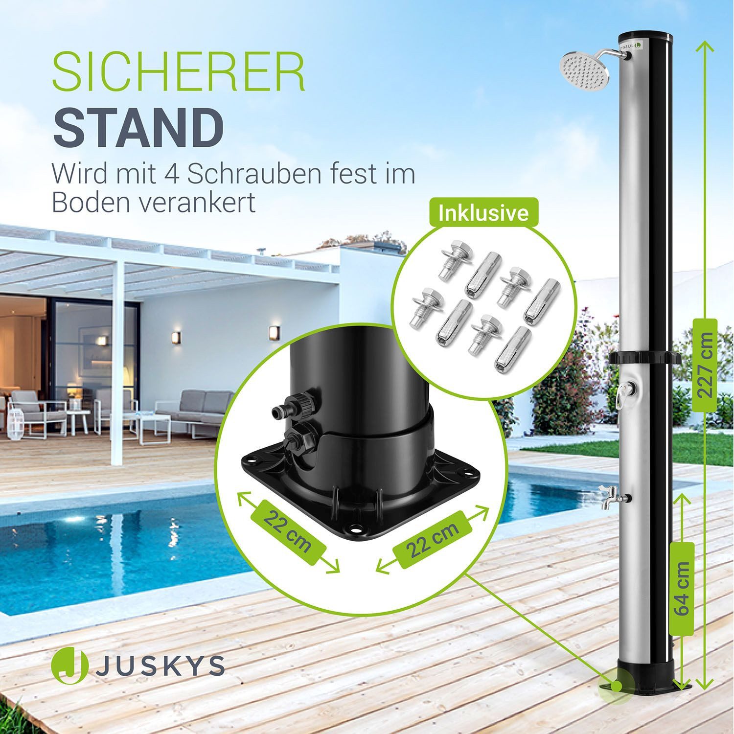 Juskys Solardusche Victoria, 40 L, schwenkbarer Duschkopf, stufenlose bis 60 °C, plus Fußdusche